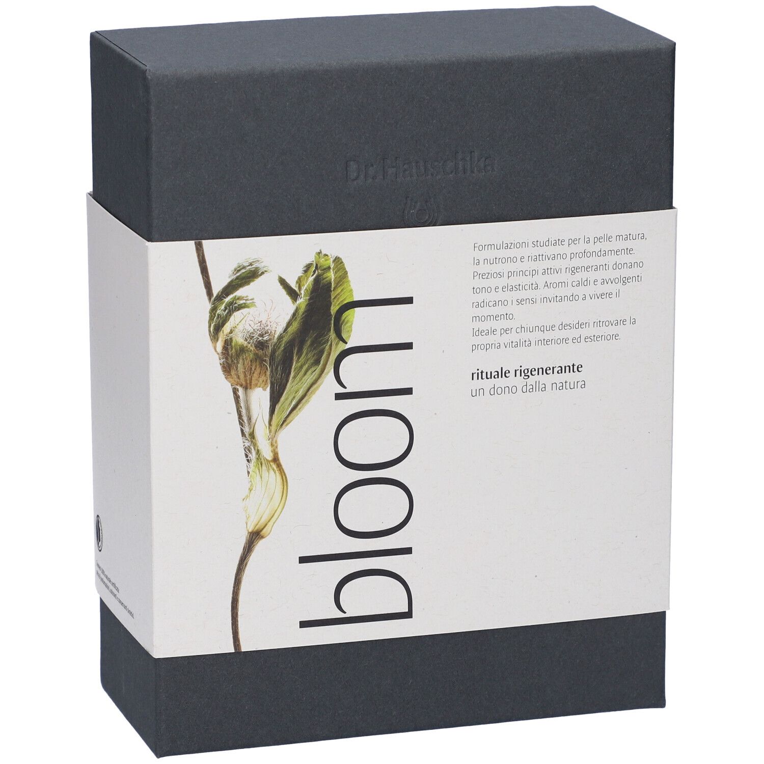 Scatola regalo grigio scuro con fascetta che mostra un fiore e il testo 'bloom ritale rigenerante'.