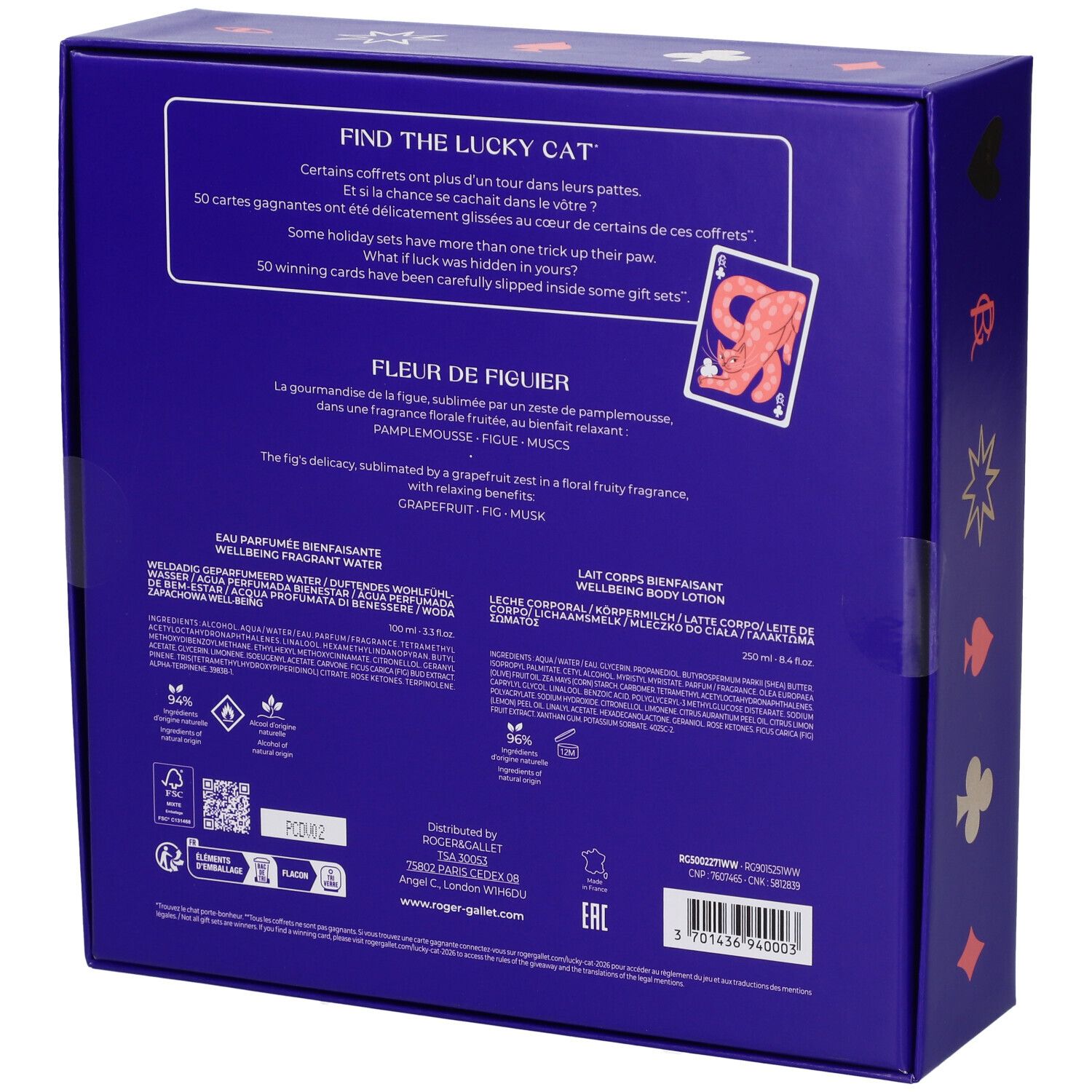 Confezione a tema carte da gioco, contiene acqua profumata e lozione corpo "Fleur de Figuier".