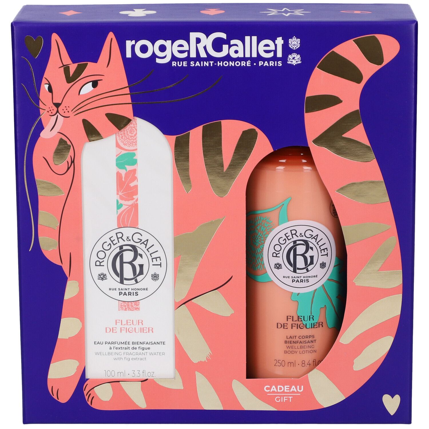 Set regalo Roger & Gallet con eau de parfum e latte corpo, confezione a forma di gatto.