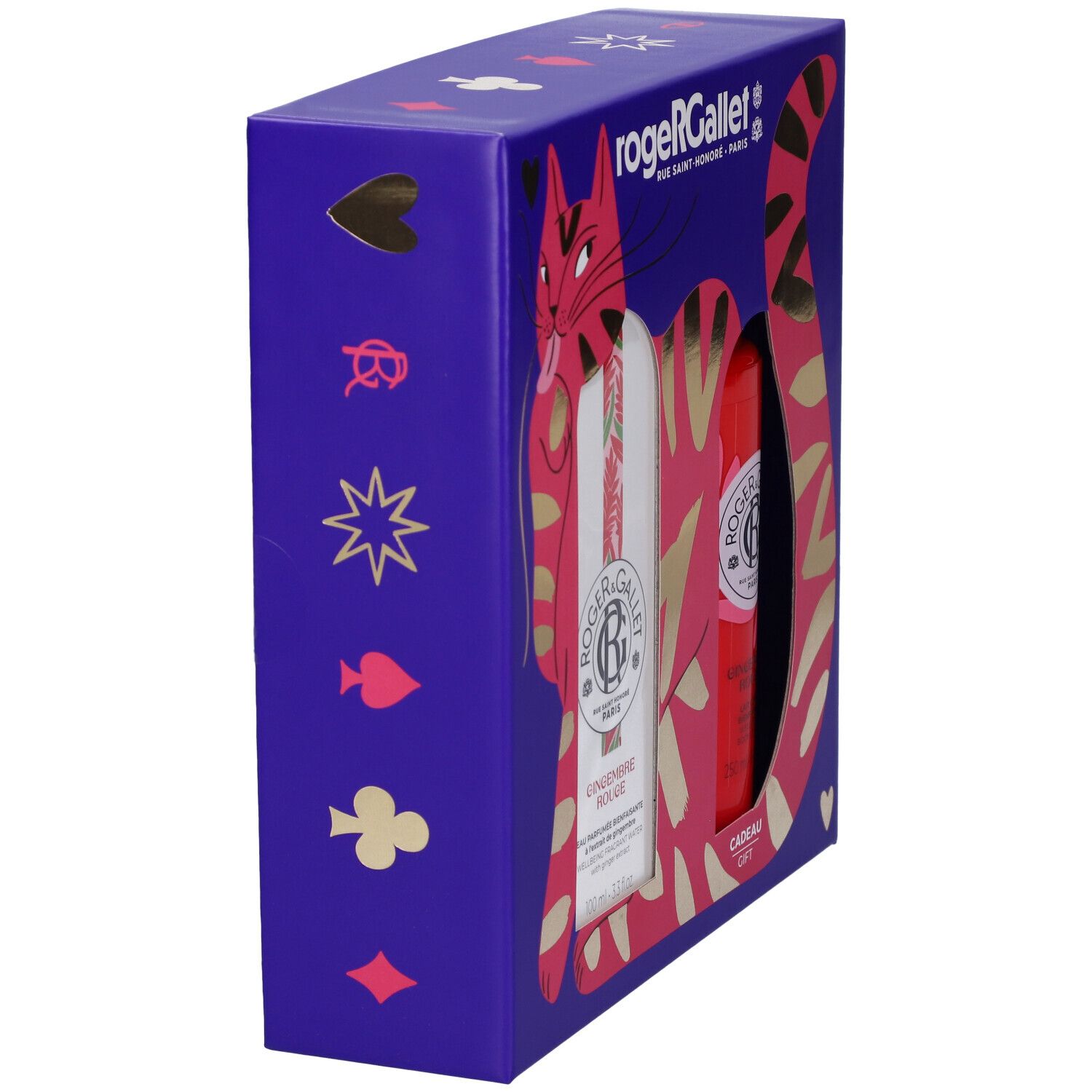 Set regalo Roger & Gallet con gatto e simboli di carte da gioco, contiene una bottiglia e un sapone.