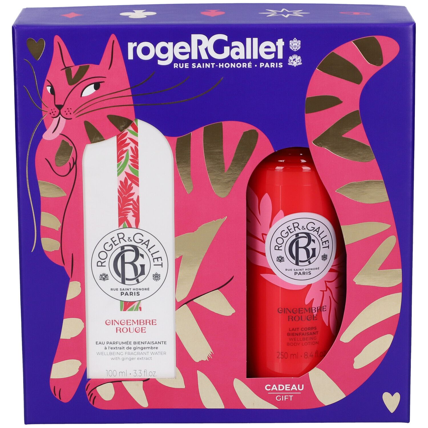 Scatola regalo Roger & Gallet con simboli di carte da gioco e un gatto.