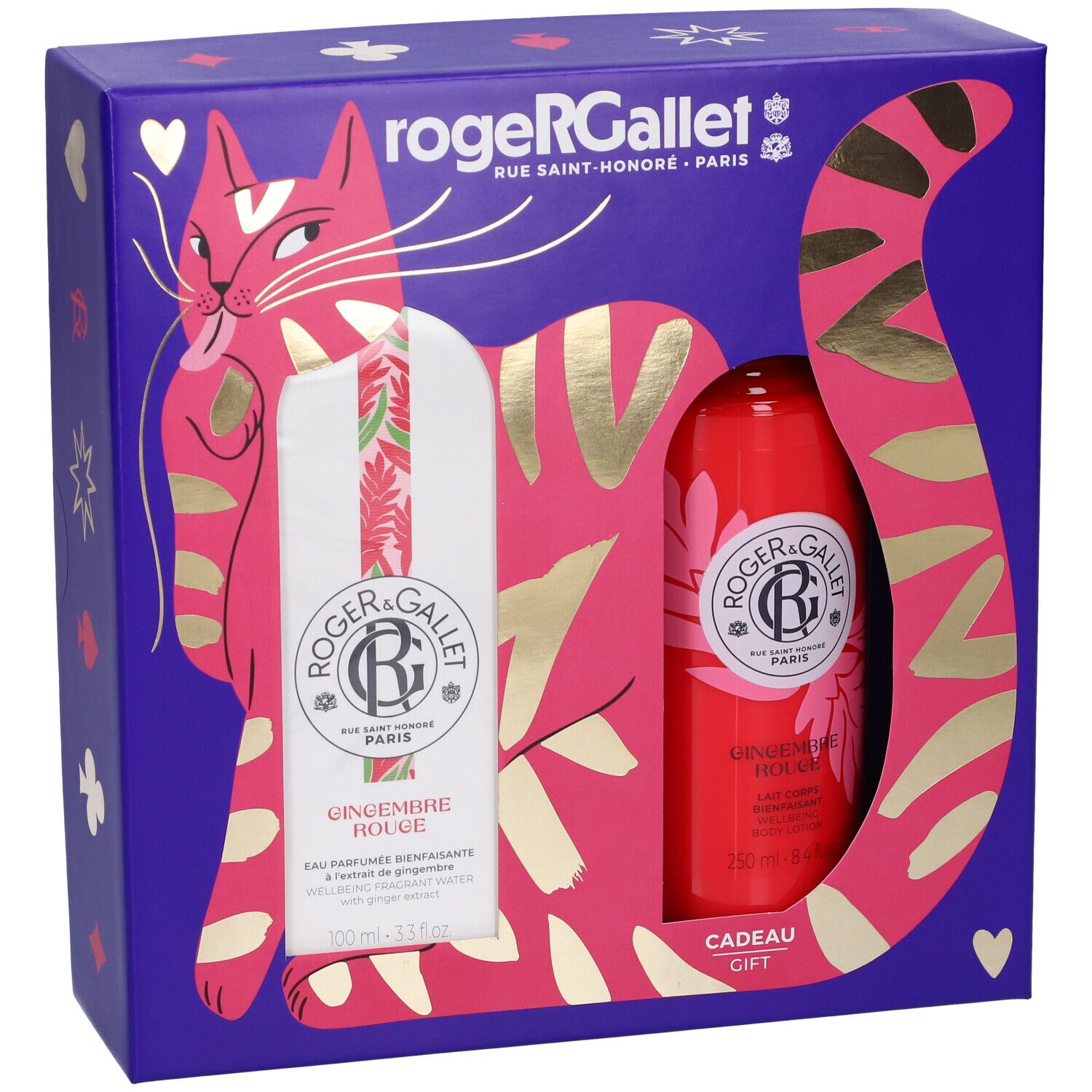 Set regalo Roger & Gallet con crema mani e balsamo labbra in confezione a forma di gatto.