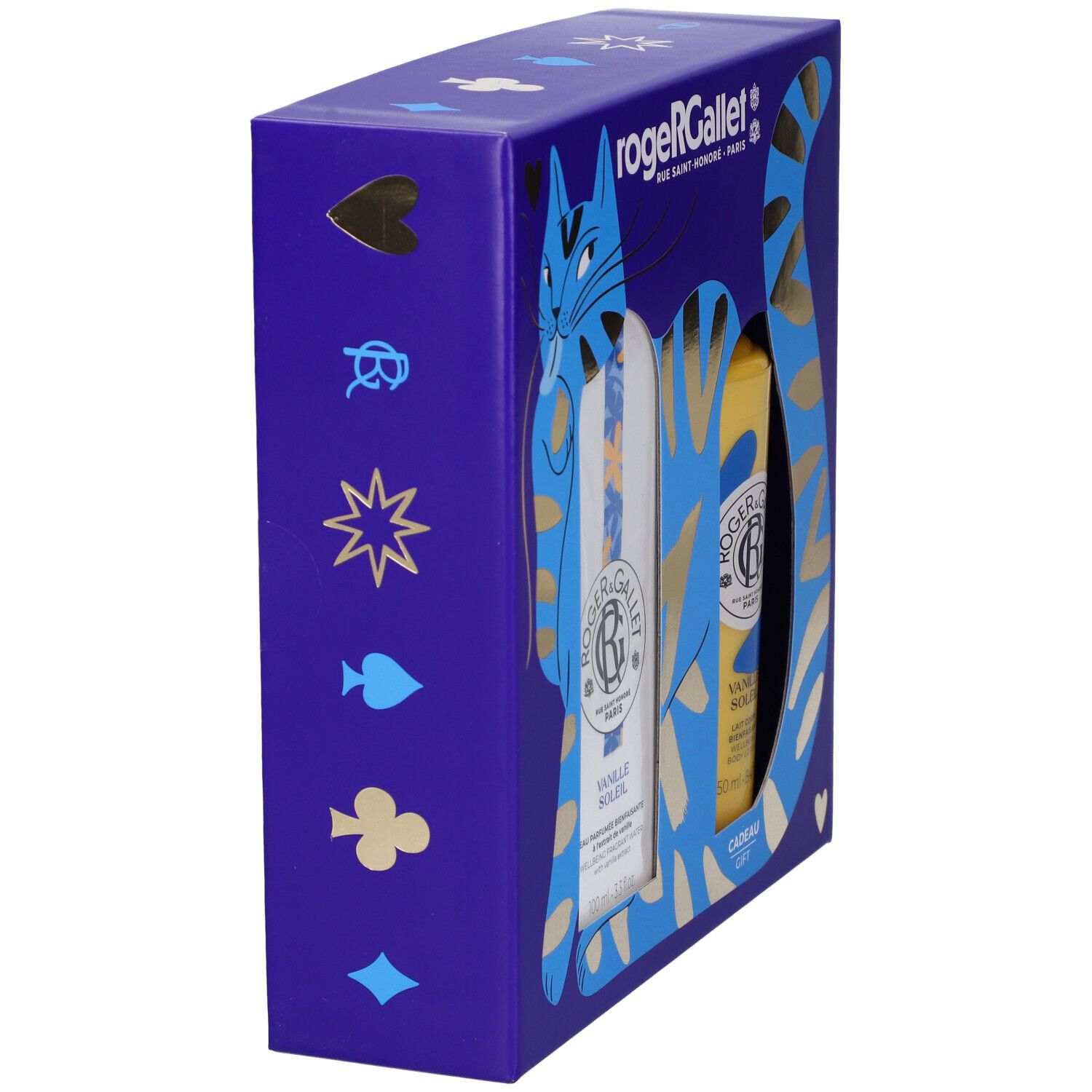 Set regalo Roger & Gallet con due prodotti, in una scatola blu con motivo a gatto.