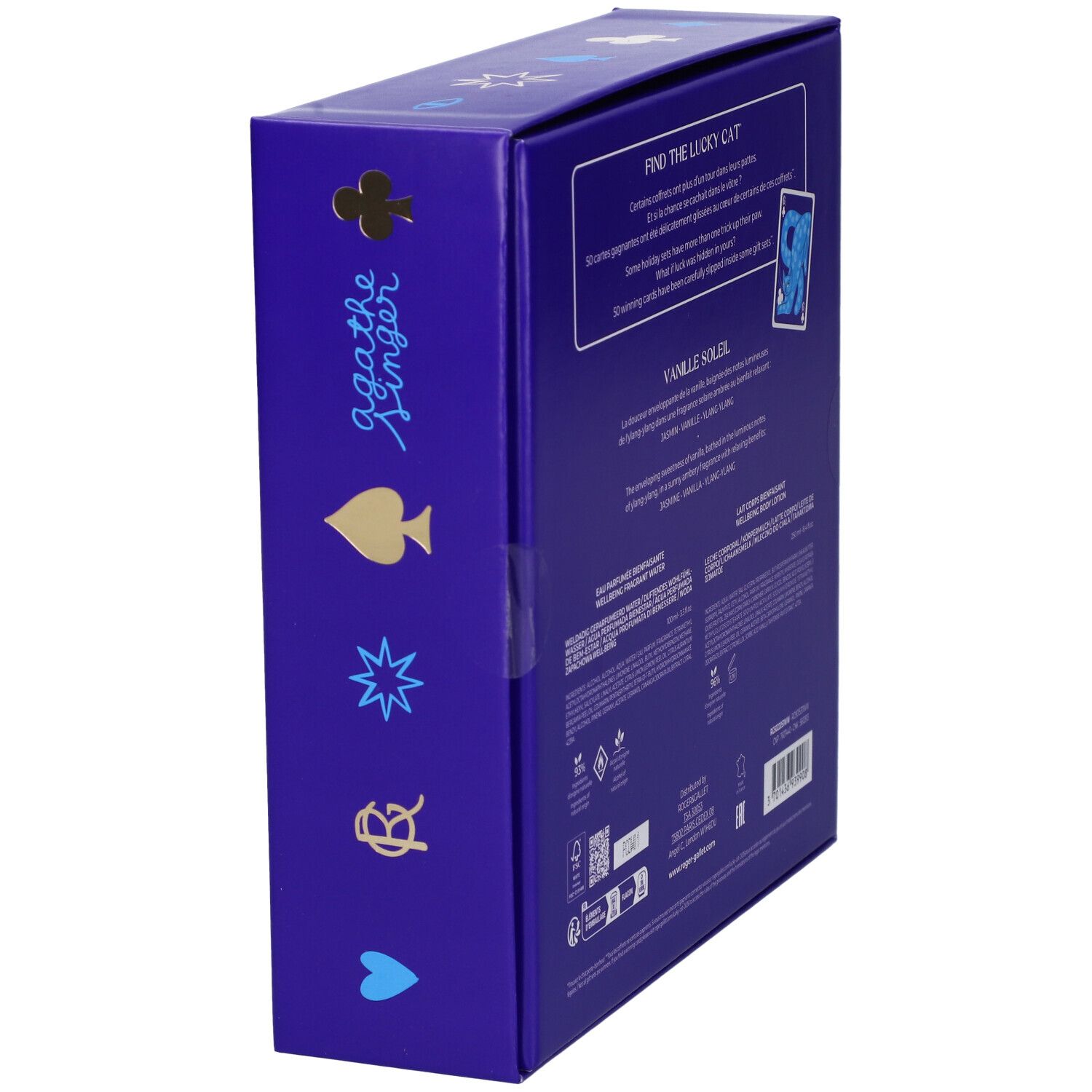 Retro di una scatola regalo blu Roger & Gallet con informazioni e decorazioni.