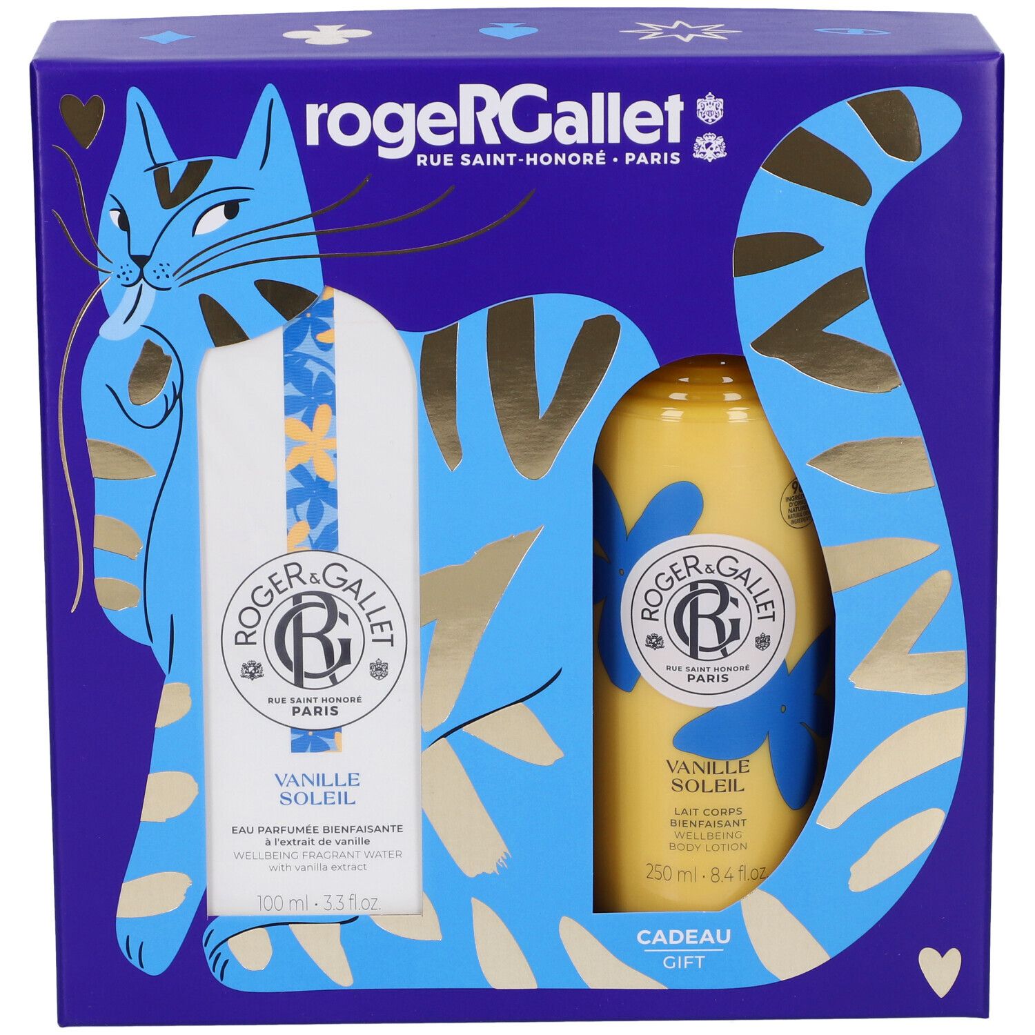 Set regalo Roger & Gallet: Eau Parfumée Bienfaisante Vanille Soleil (100ml) e Lozione Corpo (250ml) in scatola blu con gatto.