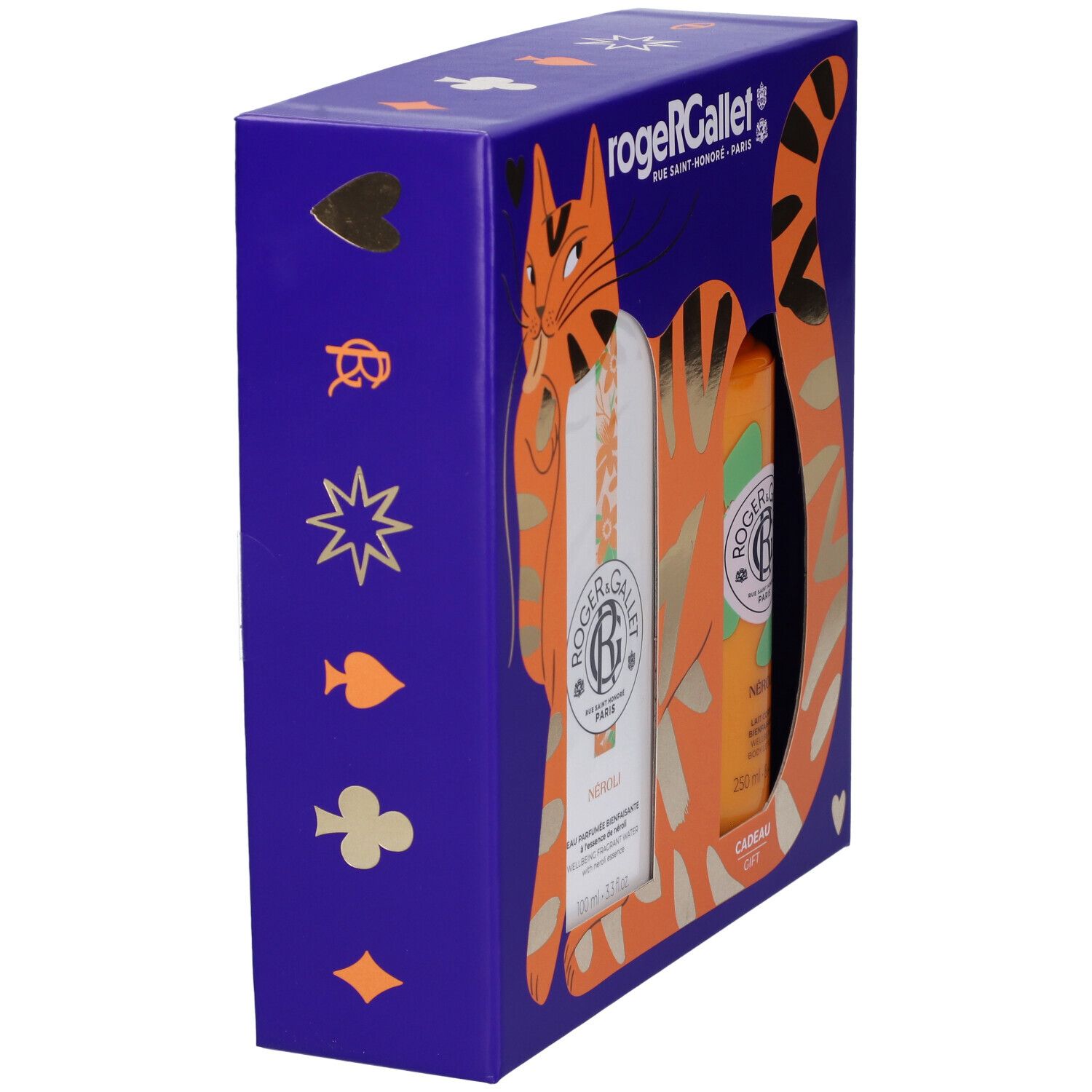 Scatola regalo Roger & Gallet con simboli di carte da gioco e un gatto.
