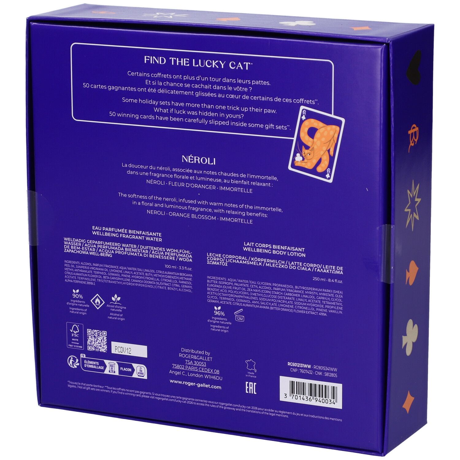 Retro di una confezione regalo Roger & Gallet con informazioni sul prodotto e decorazione.