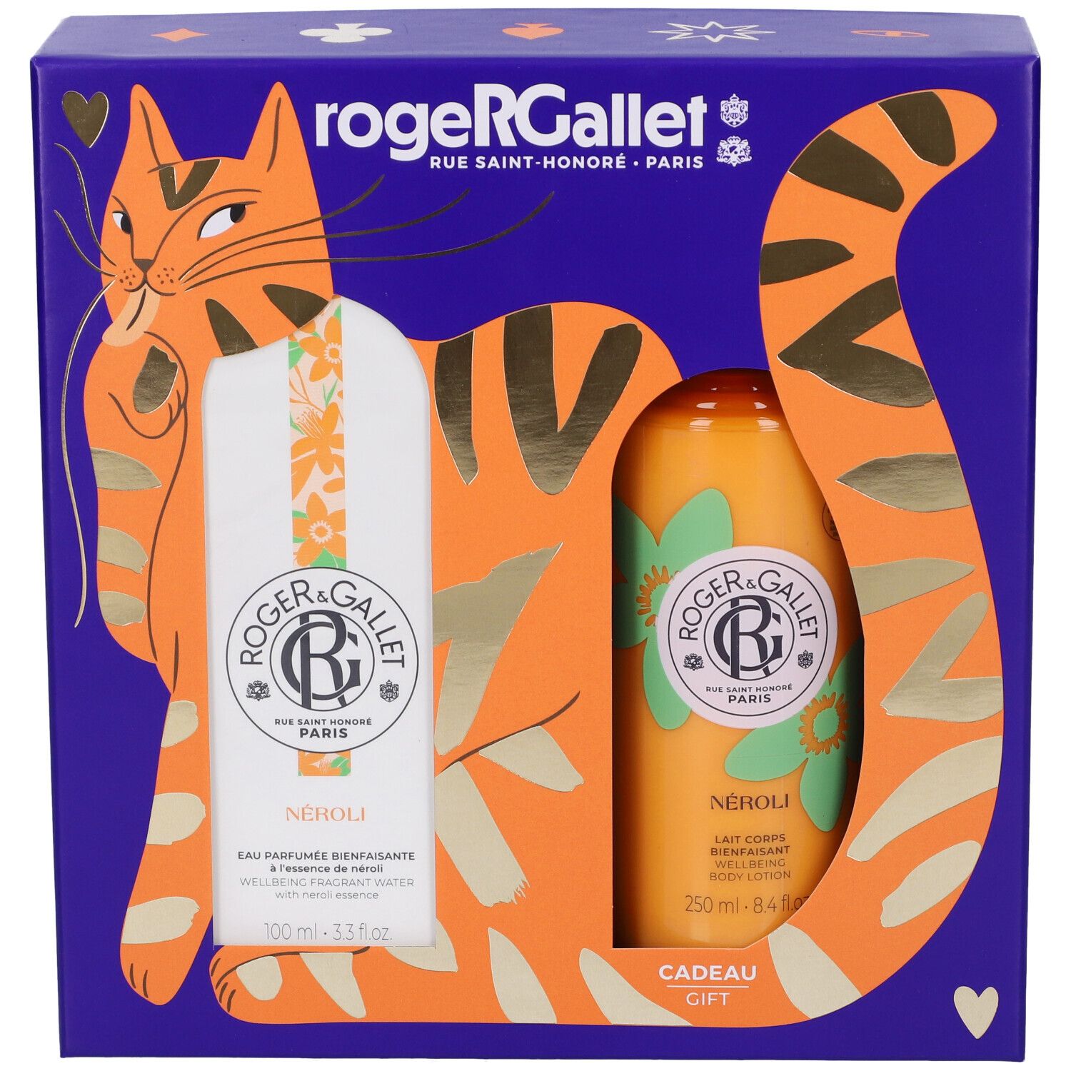 Set regalo Roger & Gallet 'Néroli' con Eau de Parfum (100ml) e Body Lotion (250ml) in scatola blu.