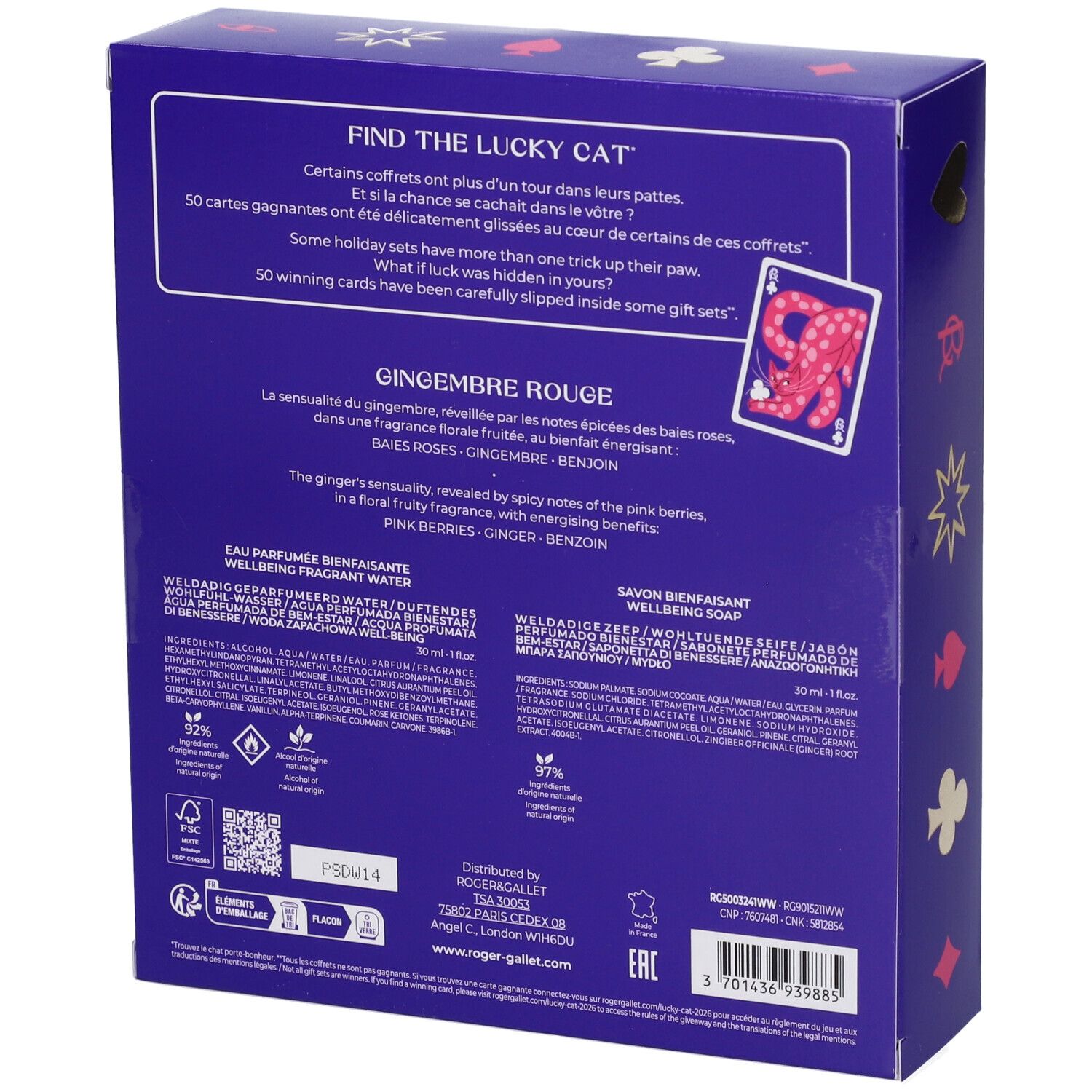 Retro di una confezione regalo Roger & Gallet con informazioni sul prodotto e sigilli.