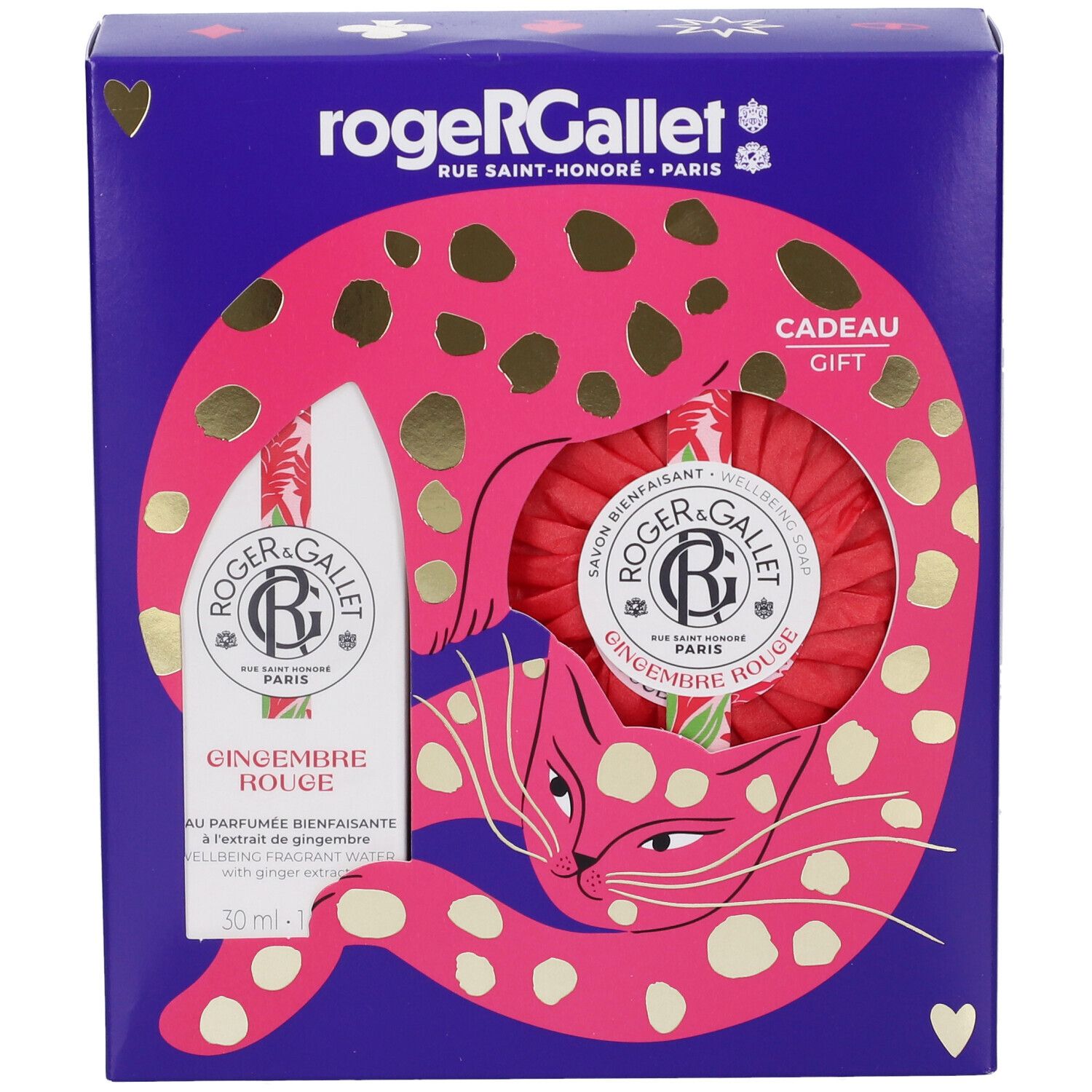 Confezione regalo Roger & Gallet con profumo e sapone, decorazione gatto.