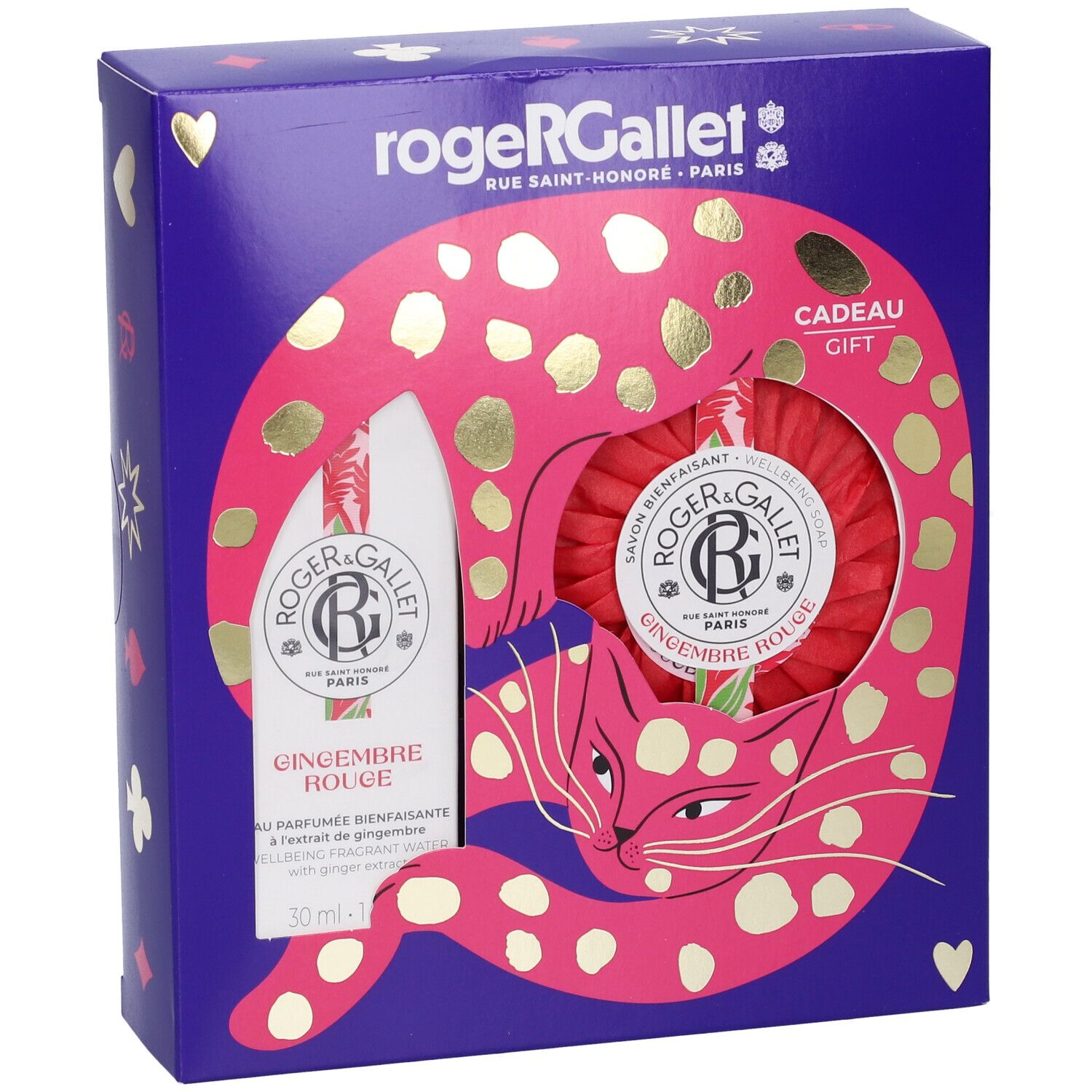 Set regalo Roger & Gallet con flacone di profumo e sapone, in una scatola a tema gatto.
