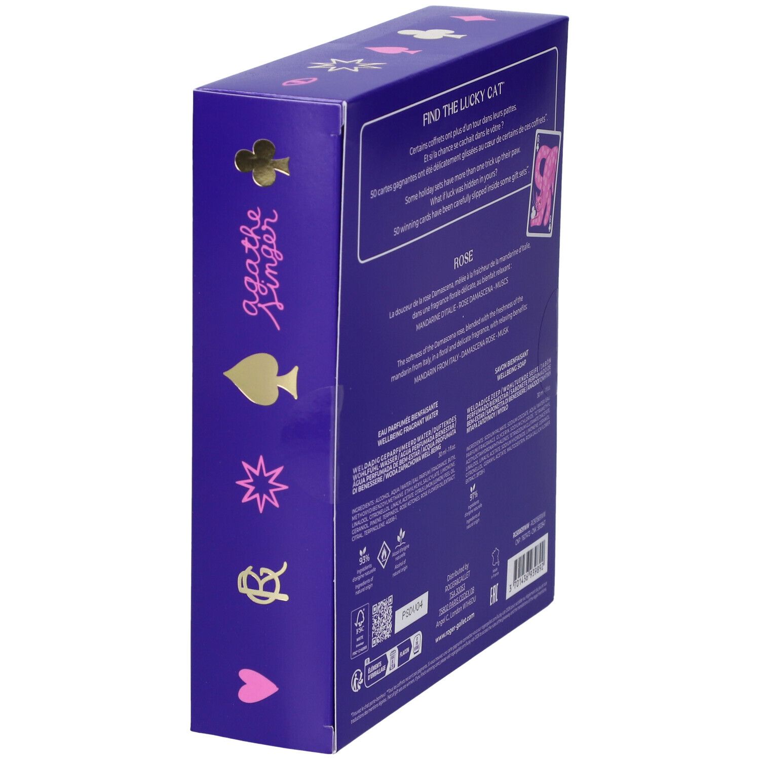 Scatola regalo Agathe Singer con simboli di carte da gioco e un gatto.