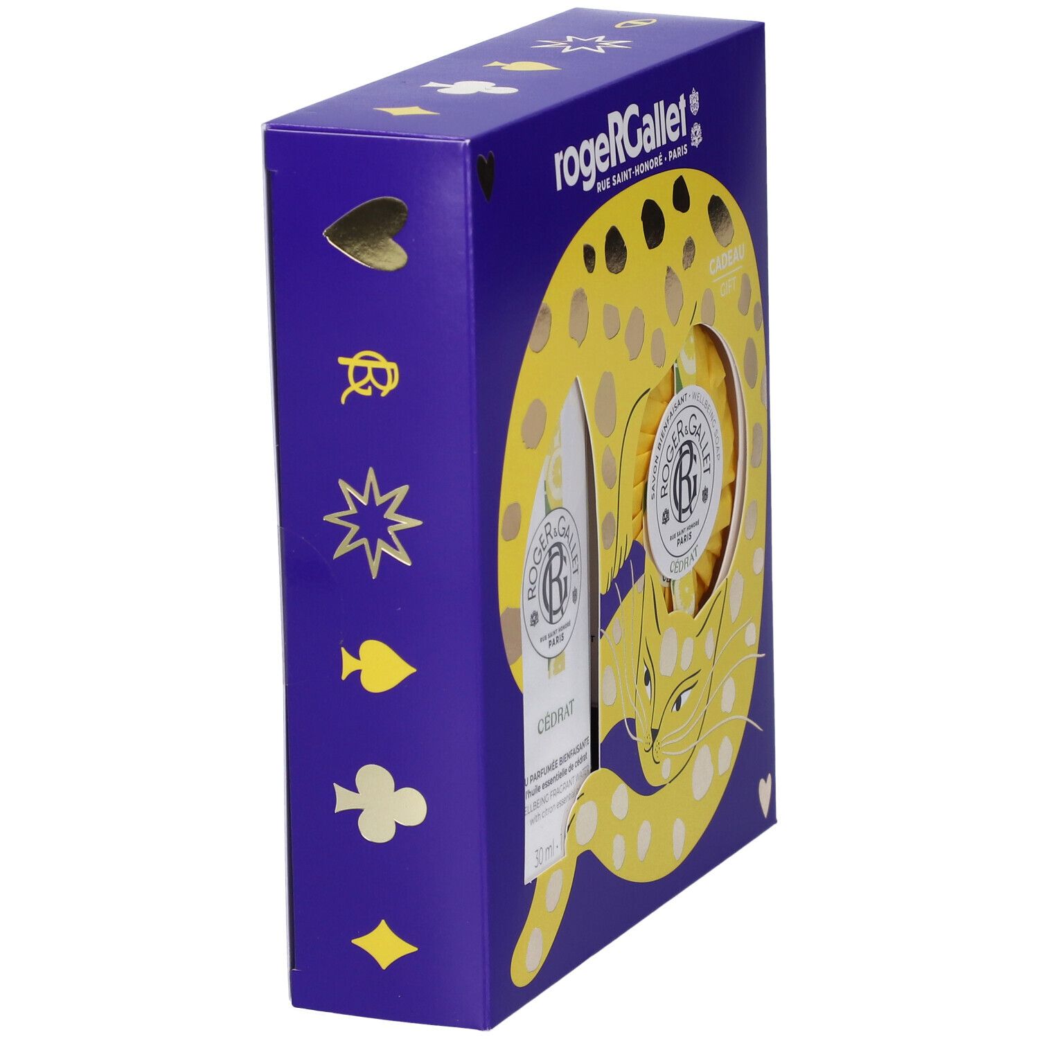 Scatola regalo Roger & Gallet con motivo a leopardo e simboli di carte da gioco.