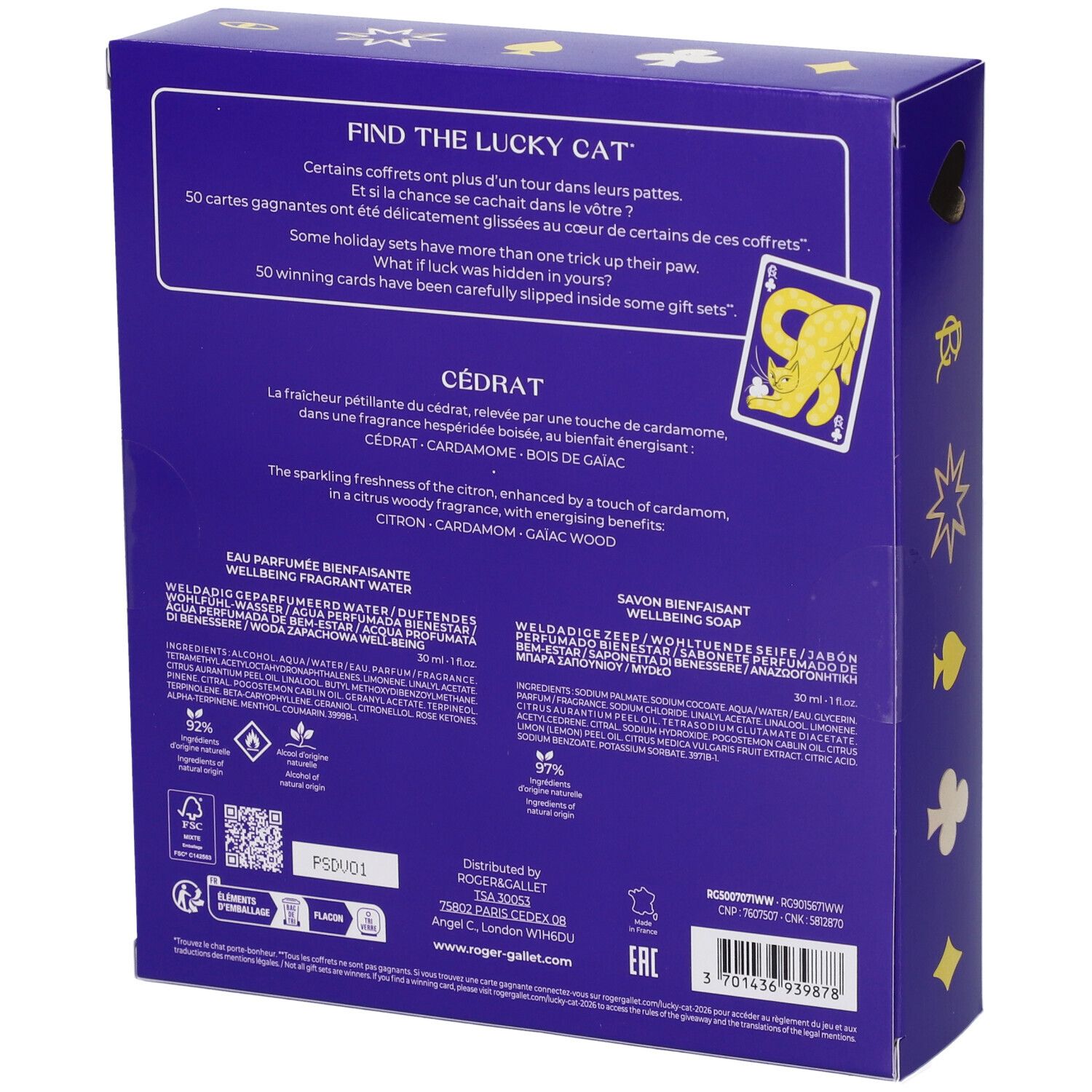 Scatola regalo viola con simboli di carte da gioco e testo 'Find the Lucky Cat'. Contiene Eau Parfumee e Savon Bienfaisant.