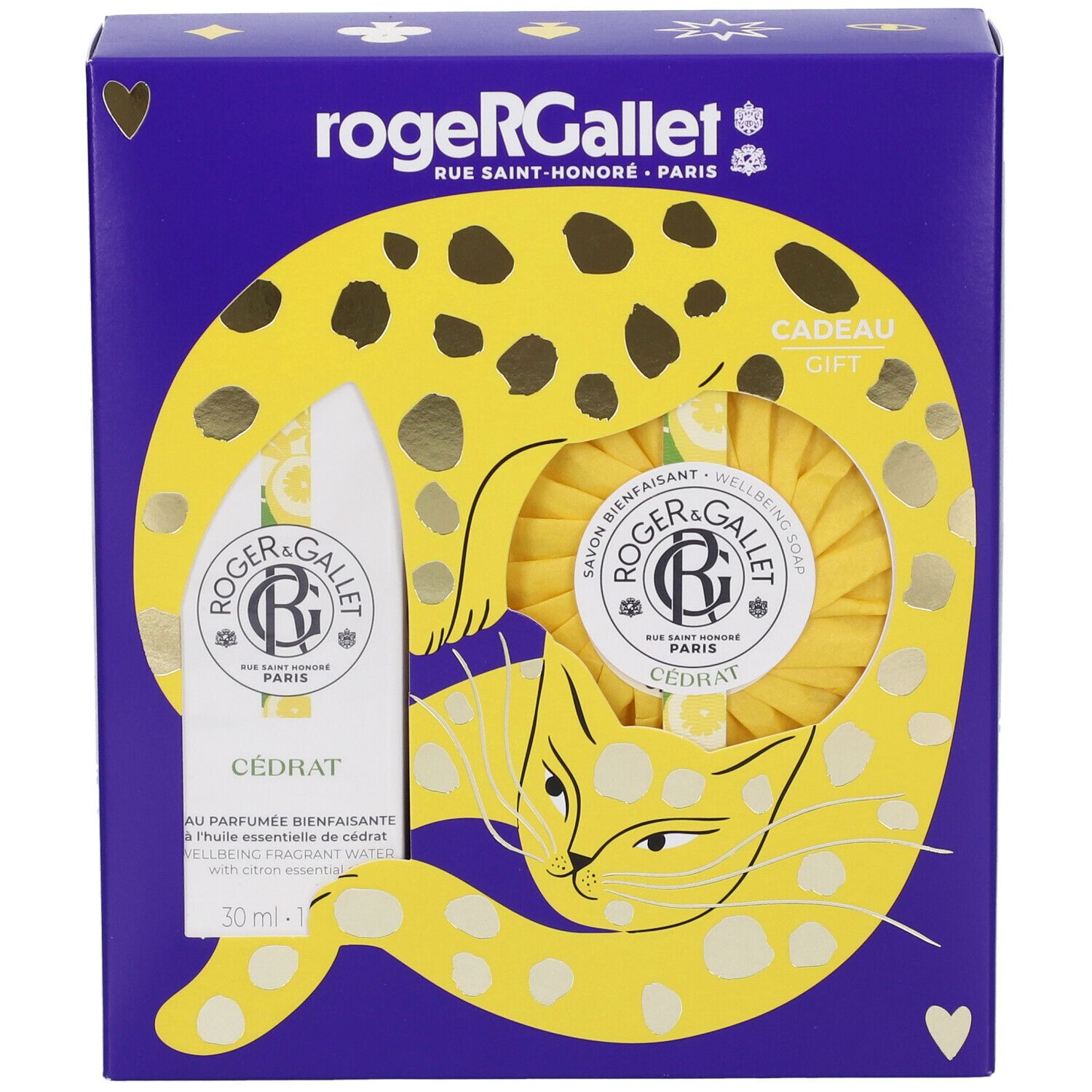 Set regalo Roger & Gallet con acqua profumata e sapone, confezione blu con motivo a gatto.