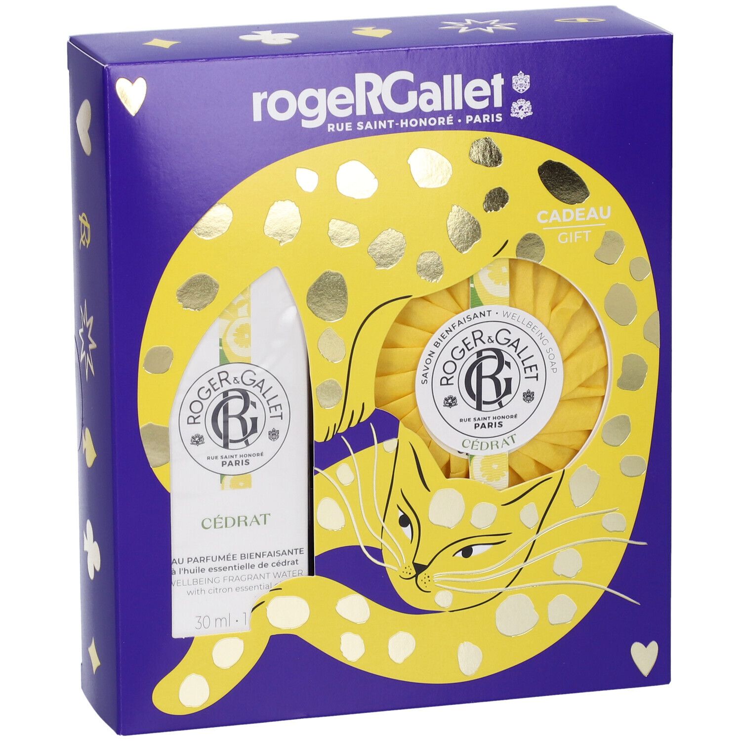 Confezione regalo Roger & Gallet con acqua profumata e crema mani, profumo Fleur d'Osmanthus. Gatto verde chiaro sulla confezione.