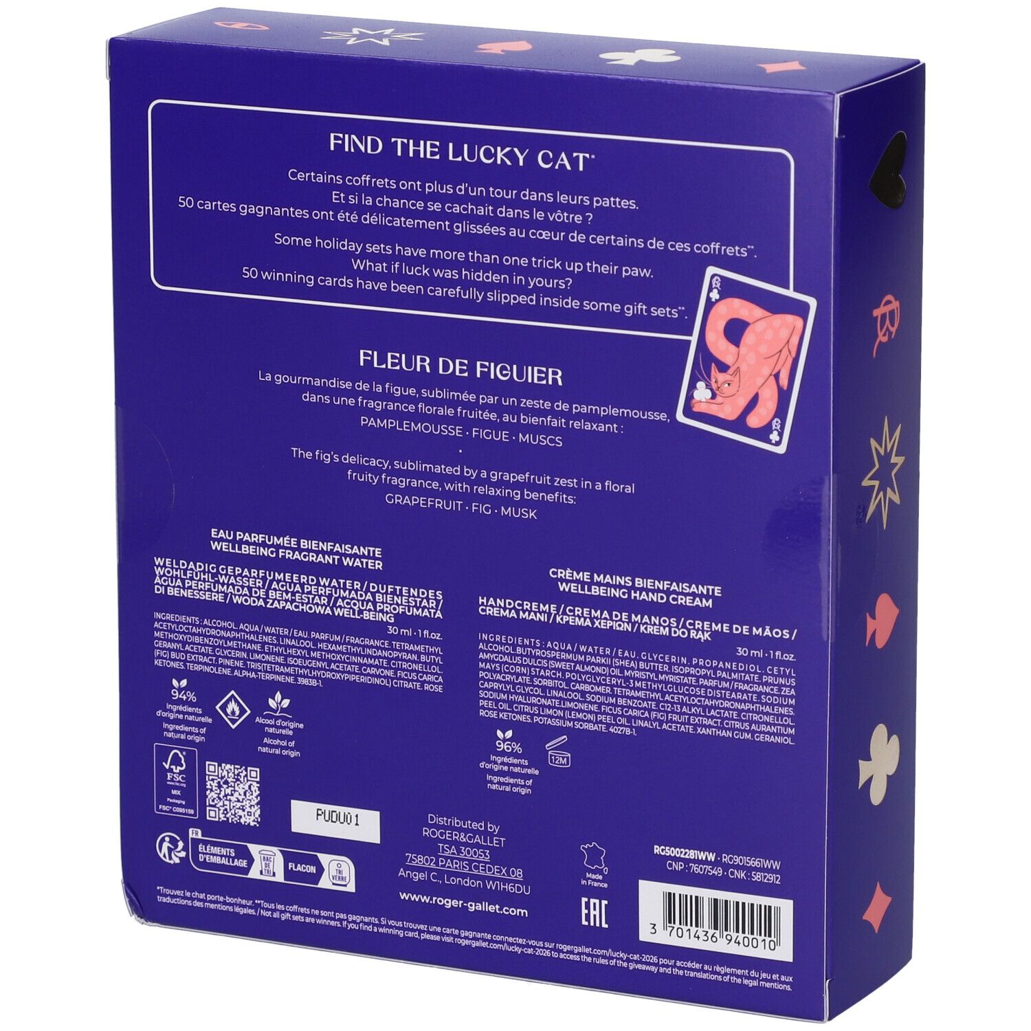 Set regalo Roger & Gallet con acqua profumata, crema mani e sapone, confezione blu con motivo a gatto.