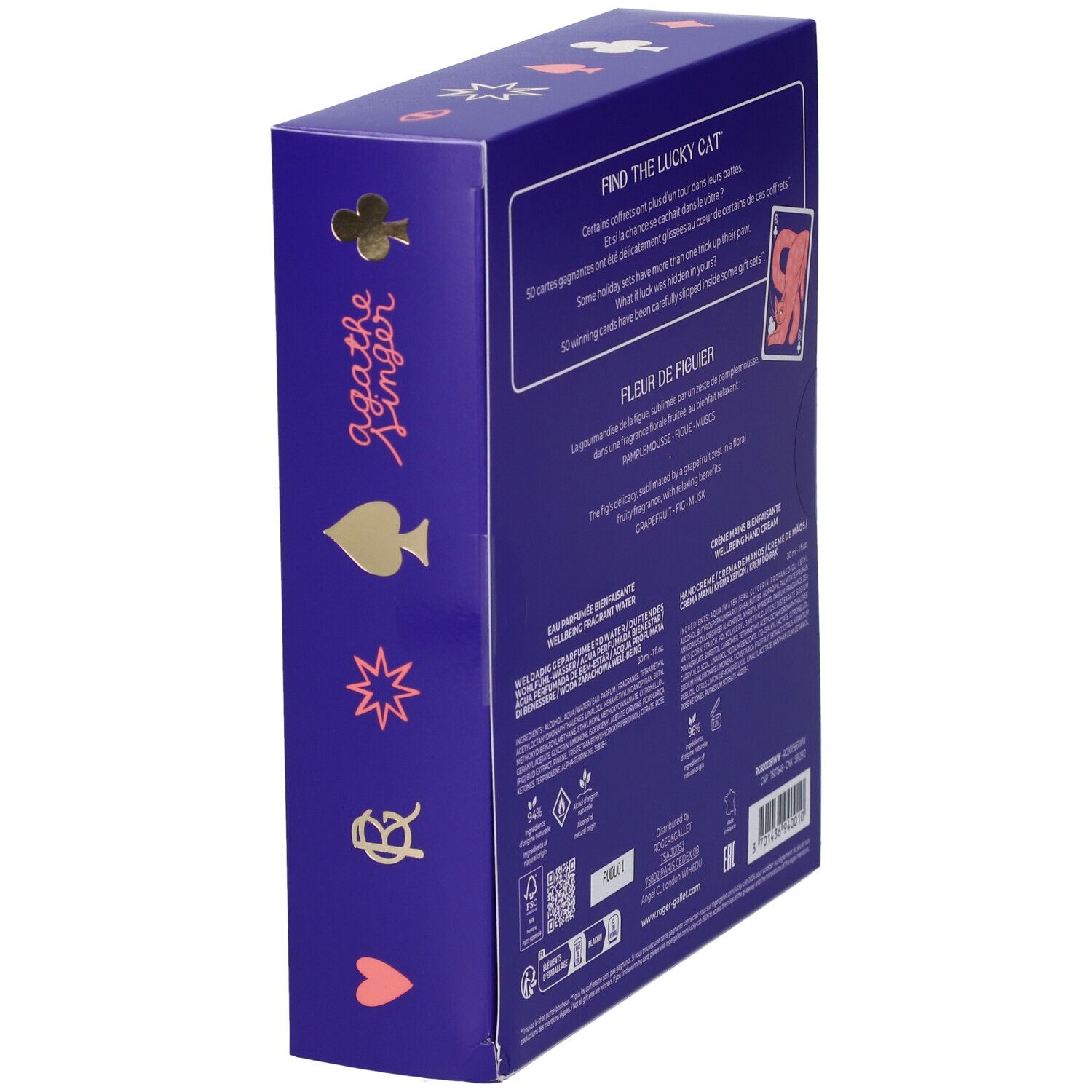 Scatola regalo viola con simboli di carte da gioco, scritta 'Agathe Singer' e testo 'Find the Lucky Cat'. Contiene Eau Parfumee e Savon Bienfaisant.