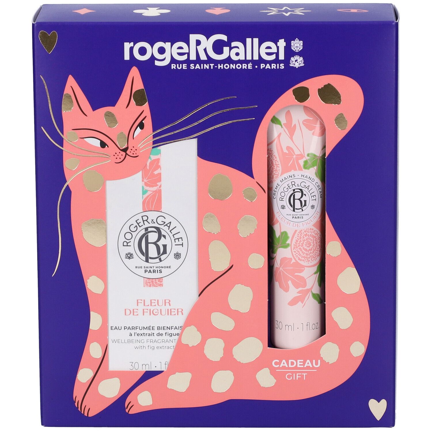 Confezione regalo Roger & Gallet con acqua profumata e crema mani, profumo Fleur de Figuier. Gatto rosa sulla confezione.
