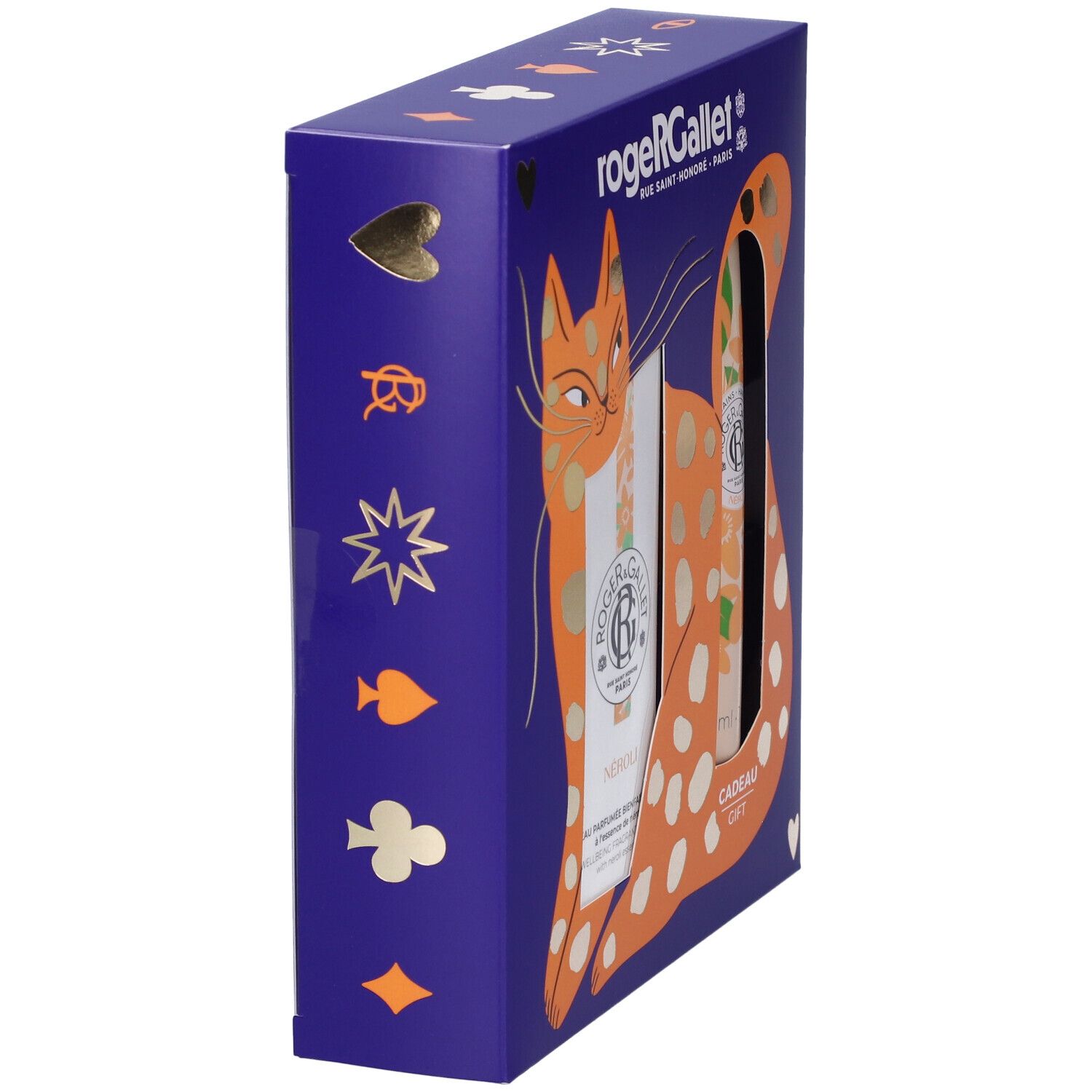 Scatola regalo Roger & Gallet a forma di gatto con simboli di carte da gioco.