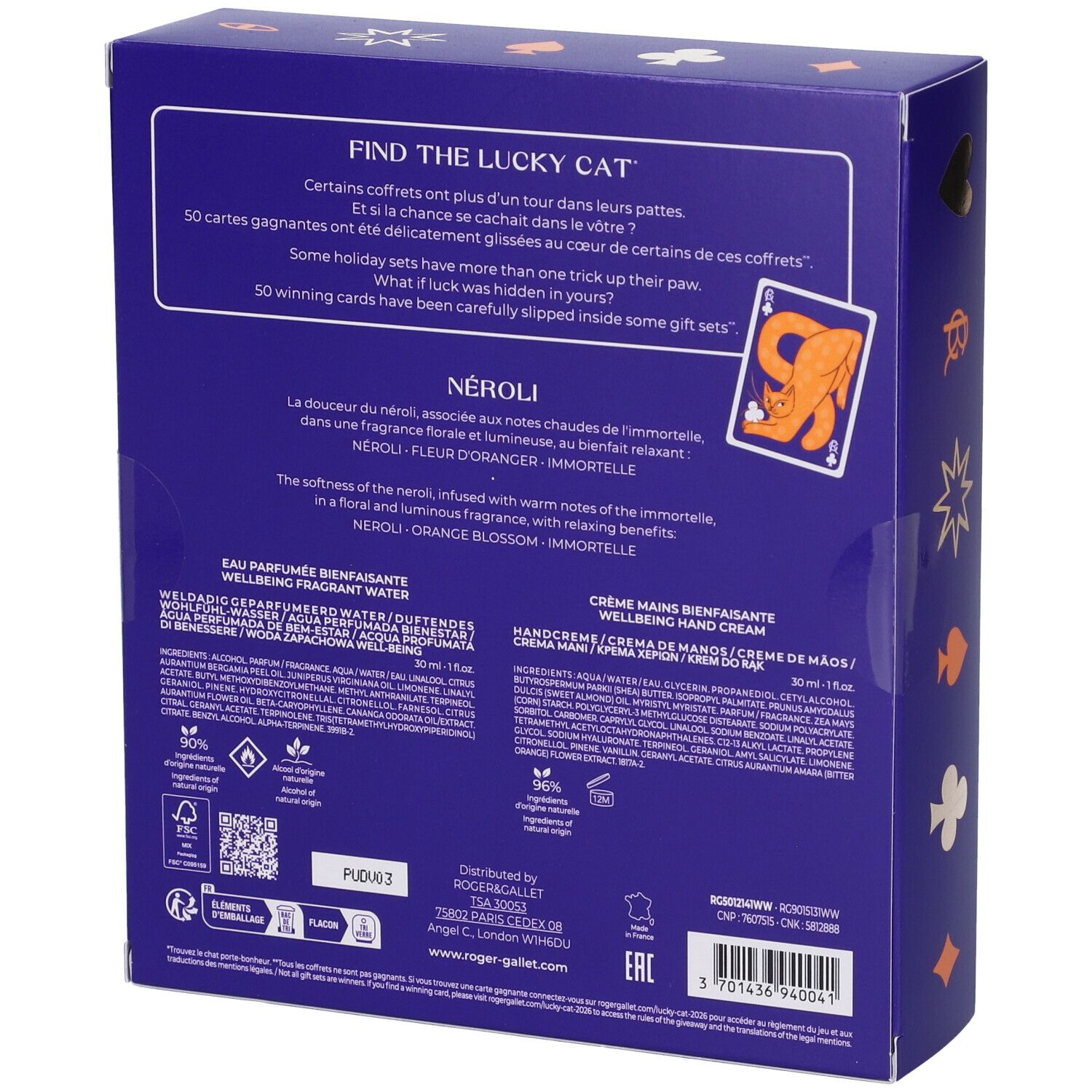 Scatola regalo blu con motivo a gatto. Contiene due flaconi e un biglietto. Testo in francese e inglese.