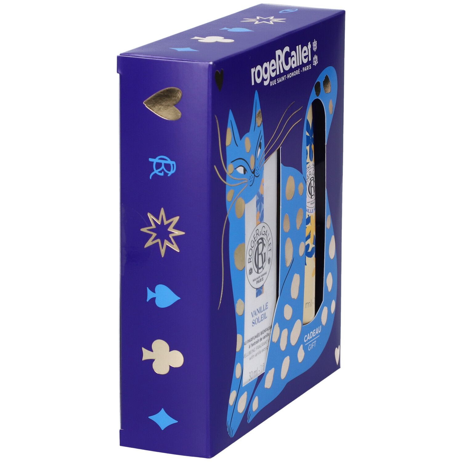 Scatola regalo blu con motivo a gatto. Contiene due flaconi. Testo in francese e inglese.
