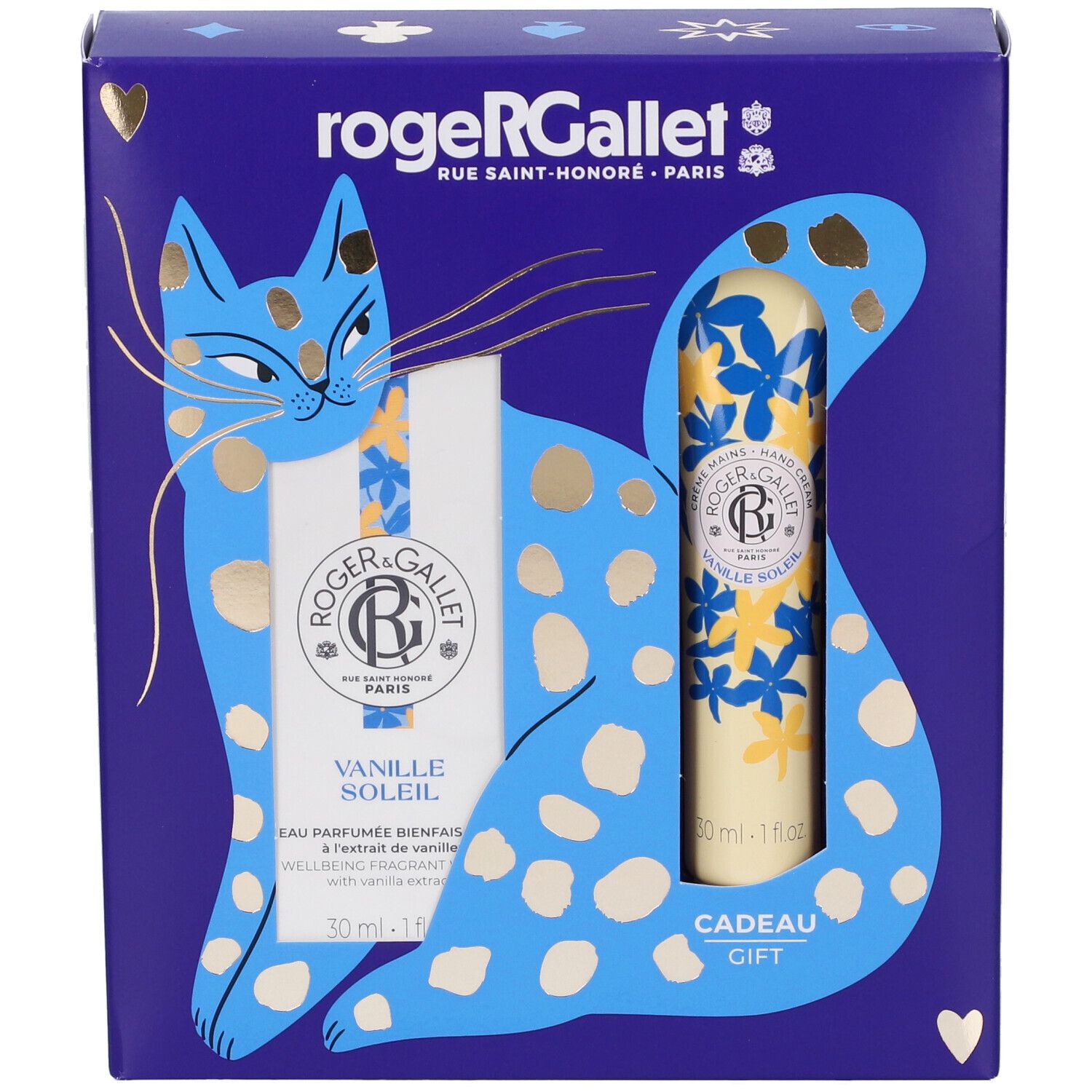 Confezione regalo Roger & Gallet con eau de parfum e prodotto per la cura del corpo in scatola blu a forma di gatto.