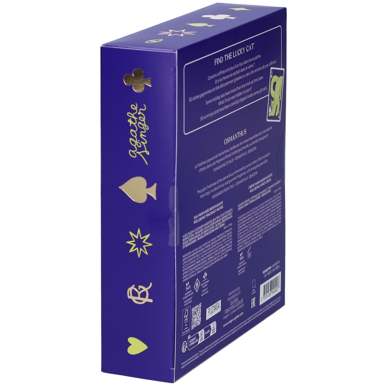 Confezione regalo Roger & Gallet con acqua profumata e sapone, profumo Cedro. Gatto giallo sulla confezione.