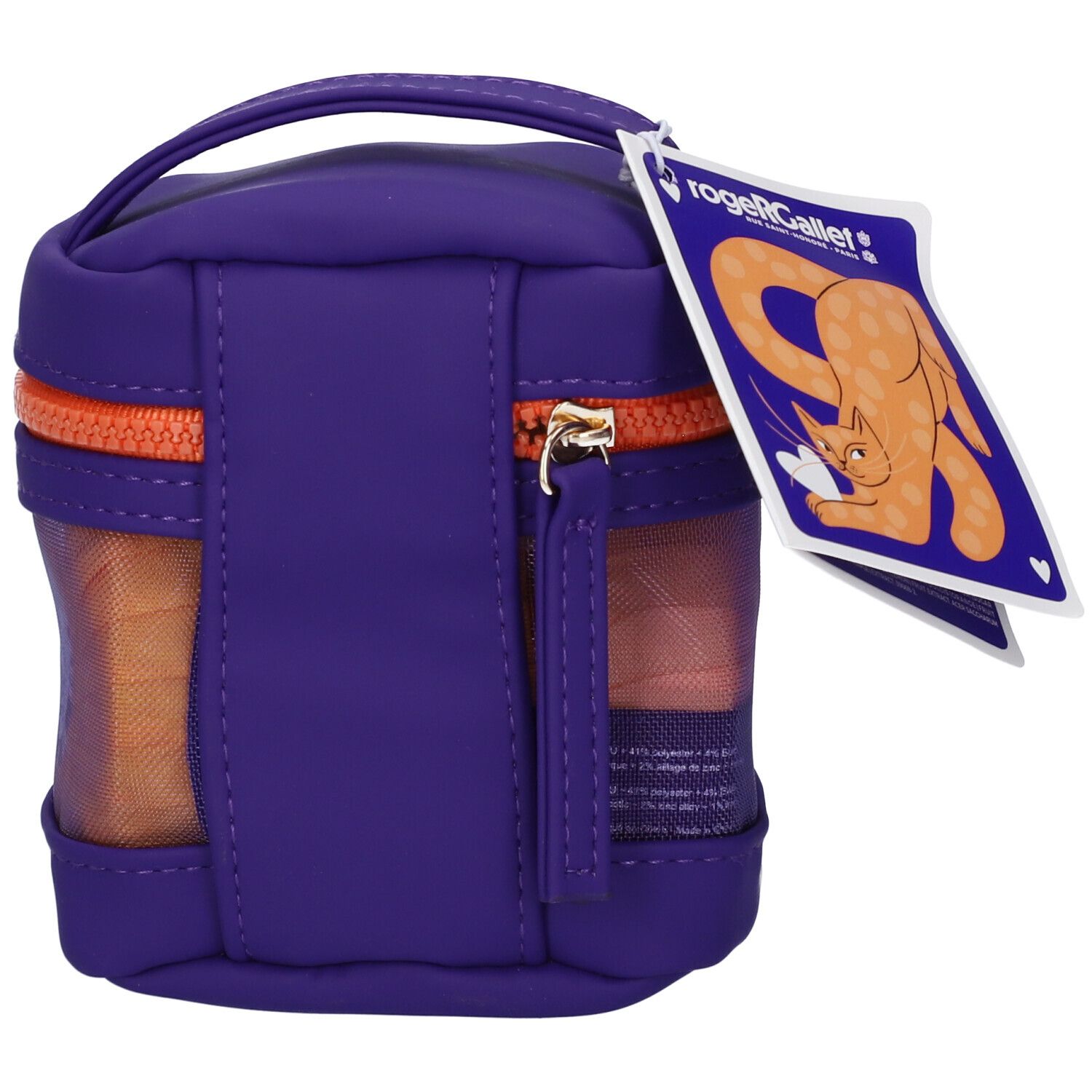Piccola pochette viola con cerniera e dettagli arancioni.