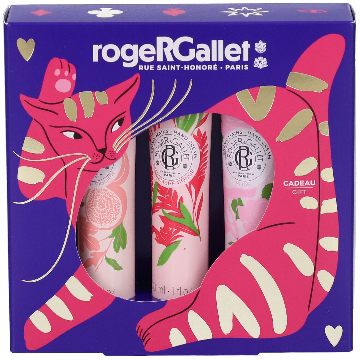 Set regalo Roger & Gallet con crema mani e acqua profumata in scatola blu con disegno di gatto.