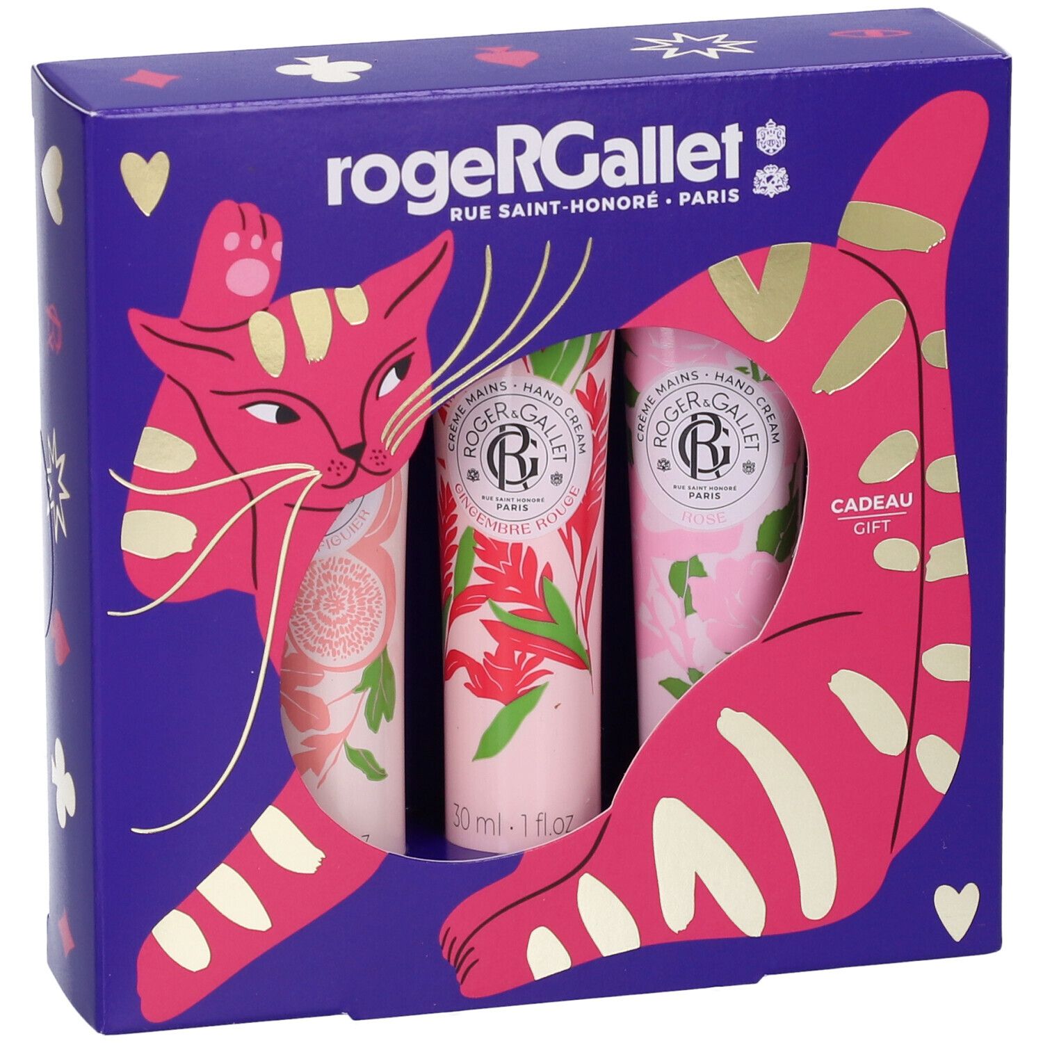 Scatola regalo Roger & Gallet con tre creme per le mani e un gatto.