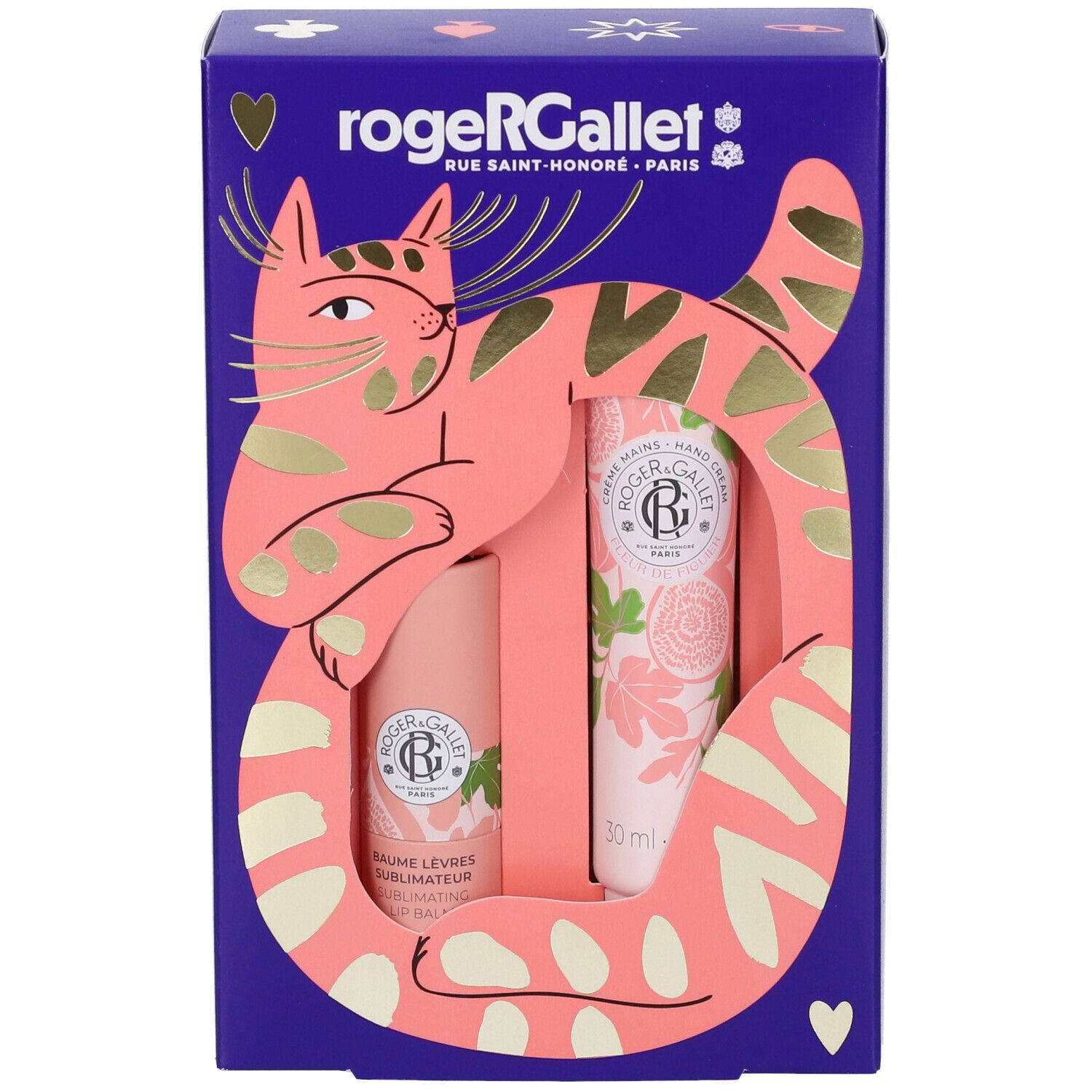 Set regalo Roger & Gallet con crema mani e balsamo labbra in confezione a forma di gatto.