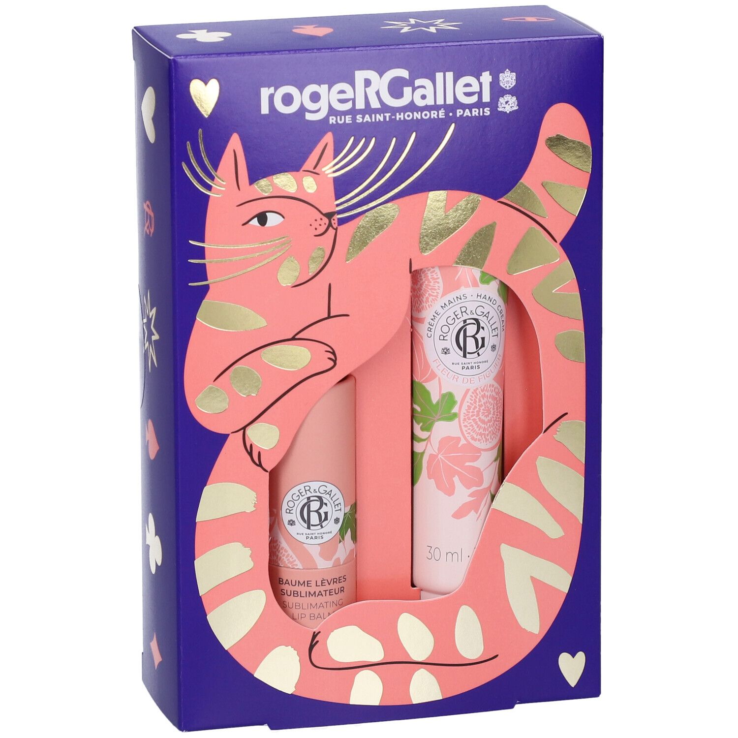 Set regalo Roger & Gallet con balsamo labbra e crema mani, design gatto.