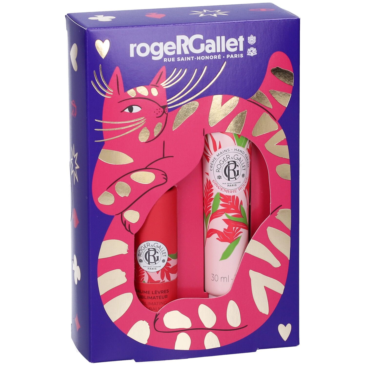 Set regalo Roger & Gallet con balsamo labbra e crema mani, design gatto.