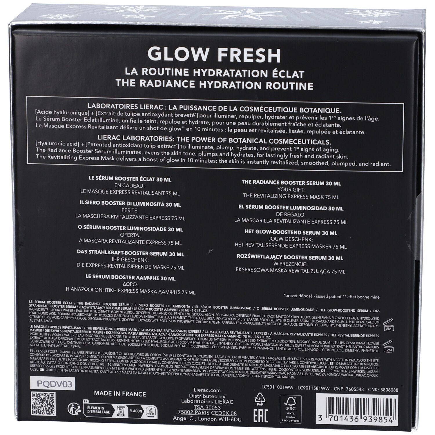 Confezione di prodotti per la cura della pelle, 'Glow Fresh' e 'The Radiance Hydration Routine' in francese e inglese.