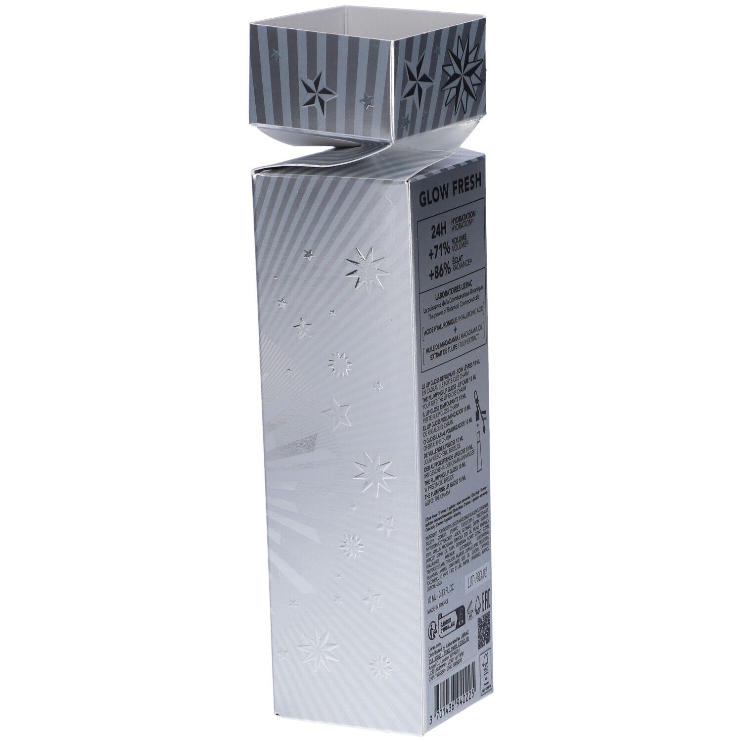 Confezione regalo Lierac Glow Fresh a forma di stella con informazioni sul prodotto.
