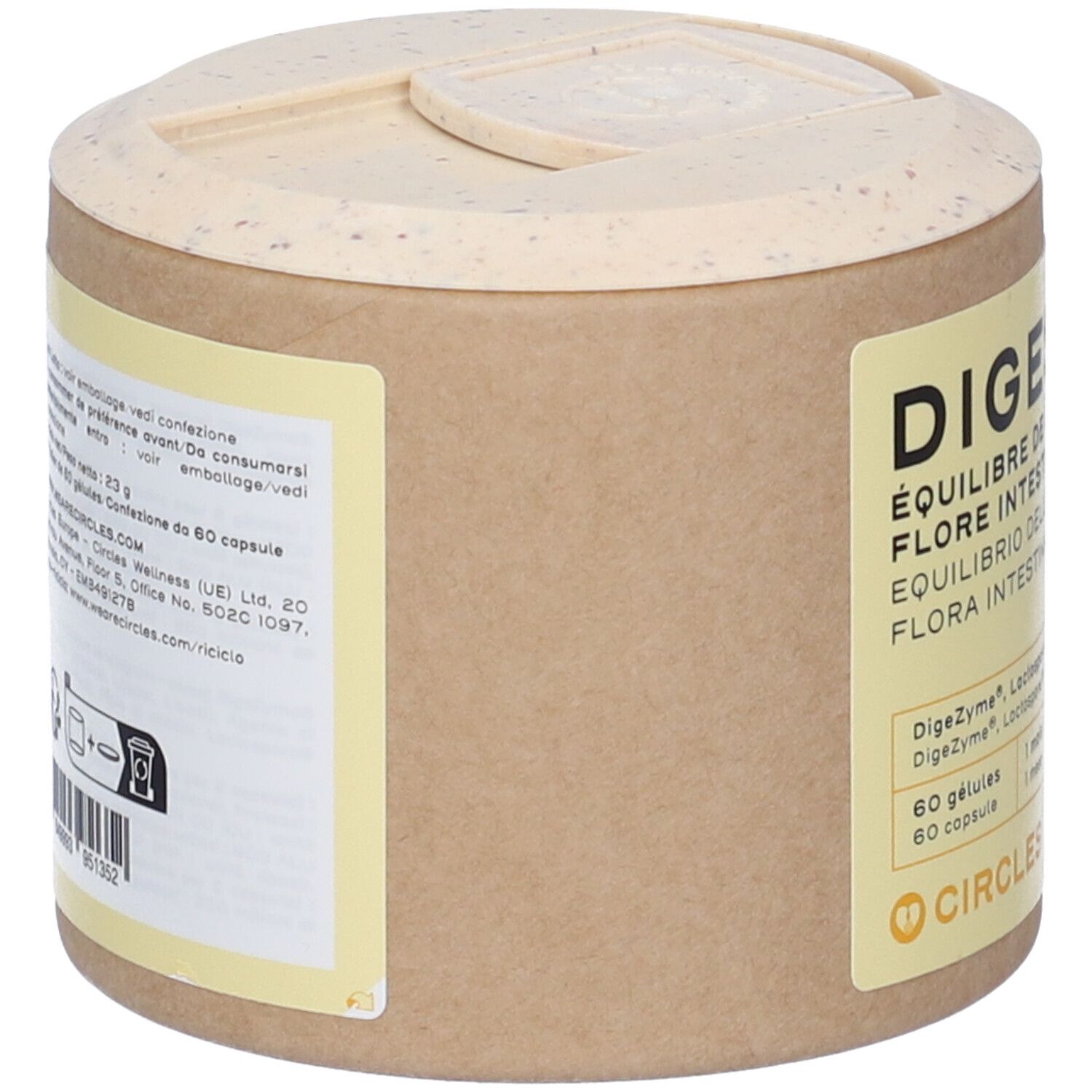 Circle Digestion: contenitore rotondo con 60 capsule per la flora intestinale.