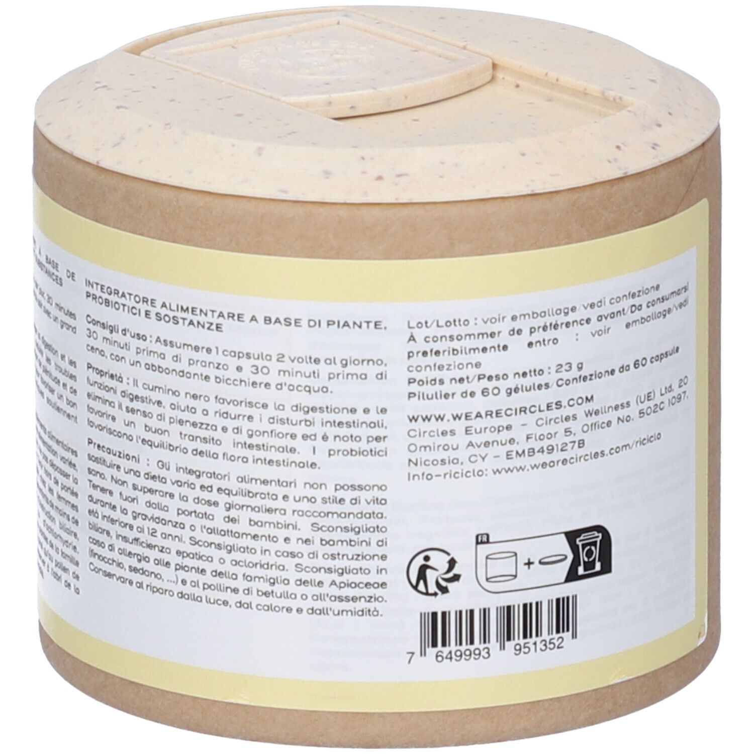 Tubo marrone con etichetta che elenca ingredienti vegetali, probiotici e prebiotici. Contiene 60 capsule.