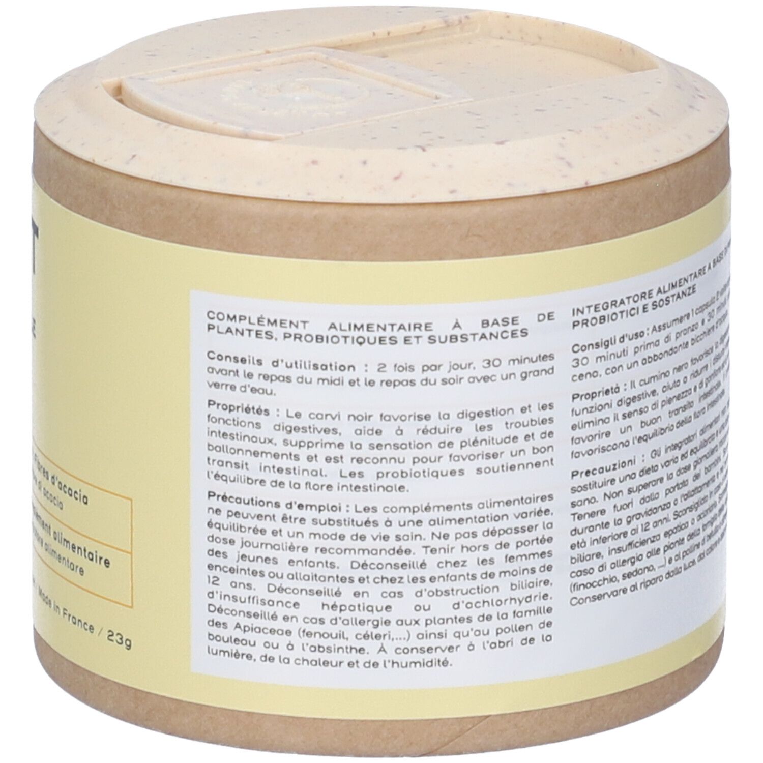 Barattolo marrone con etichetta gialla, contiene integratore alimentare a base di piante, probiotici e sostanze.