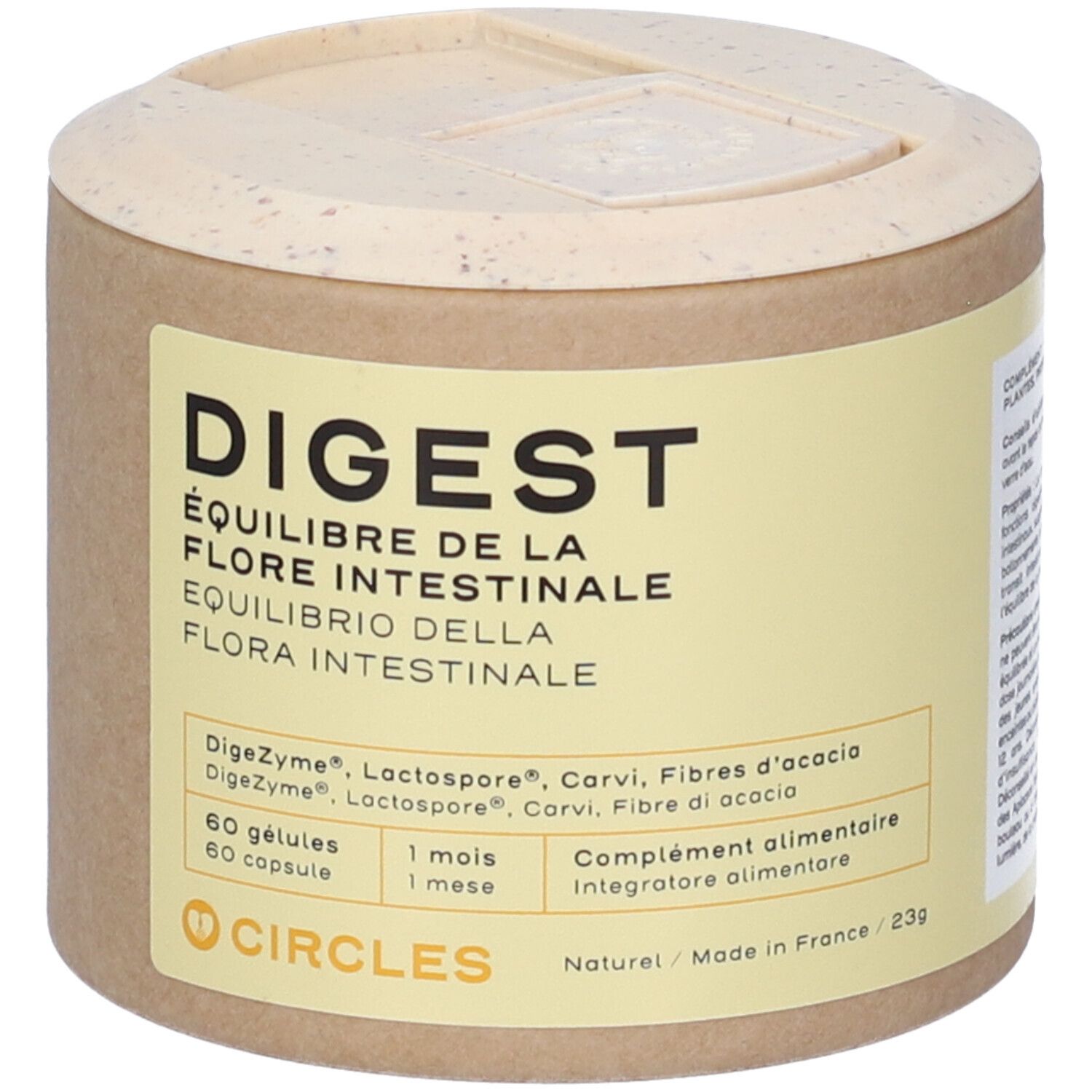 Un contenitore rotondo "DIGEST", integratore alimentare per la flora intestinale.
