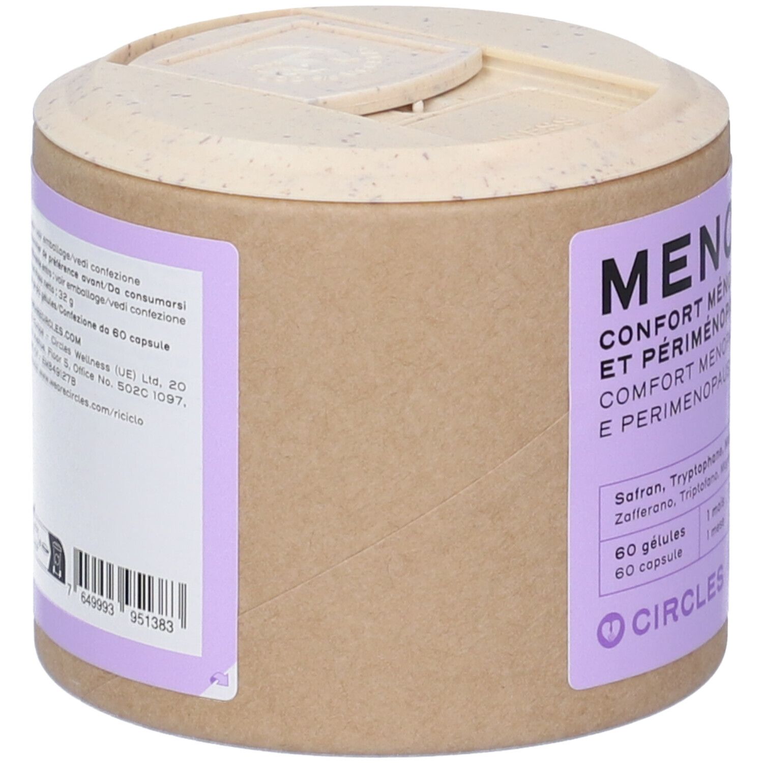 Contenitore cilindrico in cartone con coperchio, etichetta viola "MENO CONFORT ET PERIMENOPAUSE". Contiene 60 capsule.