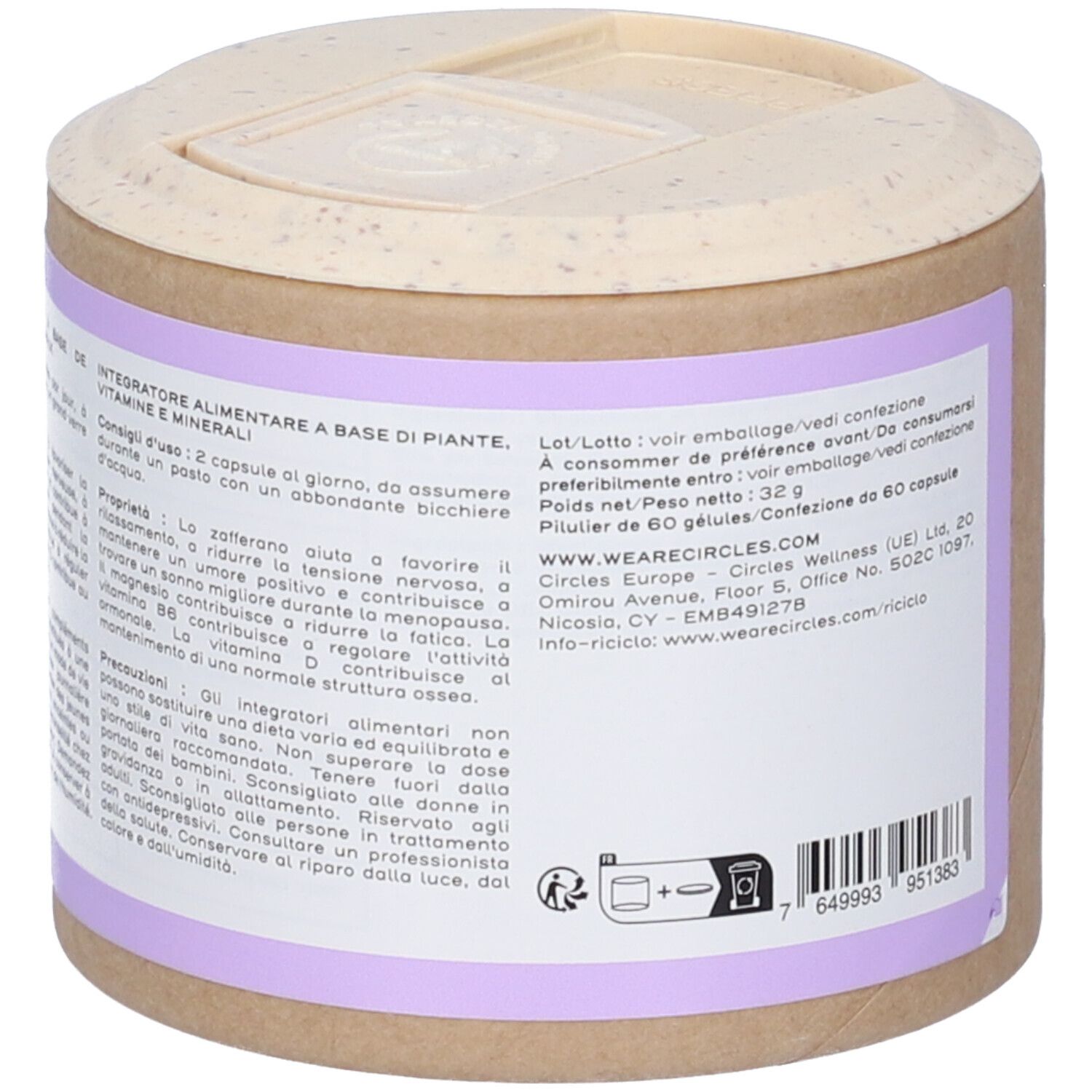 Tubo marrone con etichetta che elenca ingredienti vegetali, vitamine e minerali. Contiene 60 capsule.