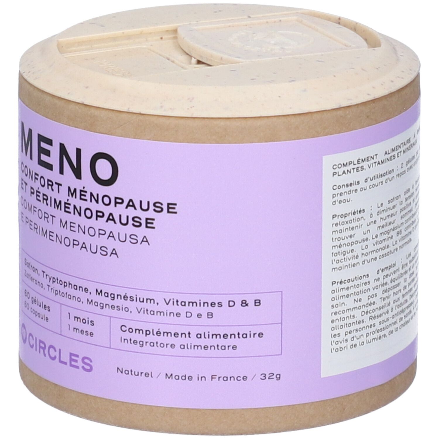 Contenitore cilindrico in cartone marrone con etichetta viola per MENO, 30 capsule. Comfort menopausa.
