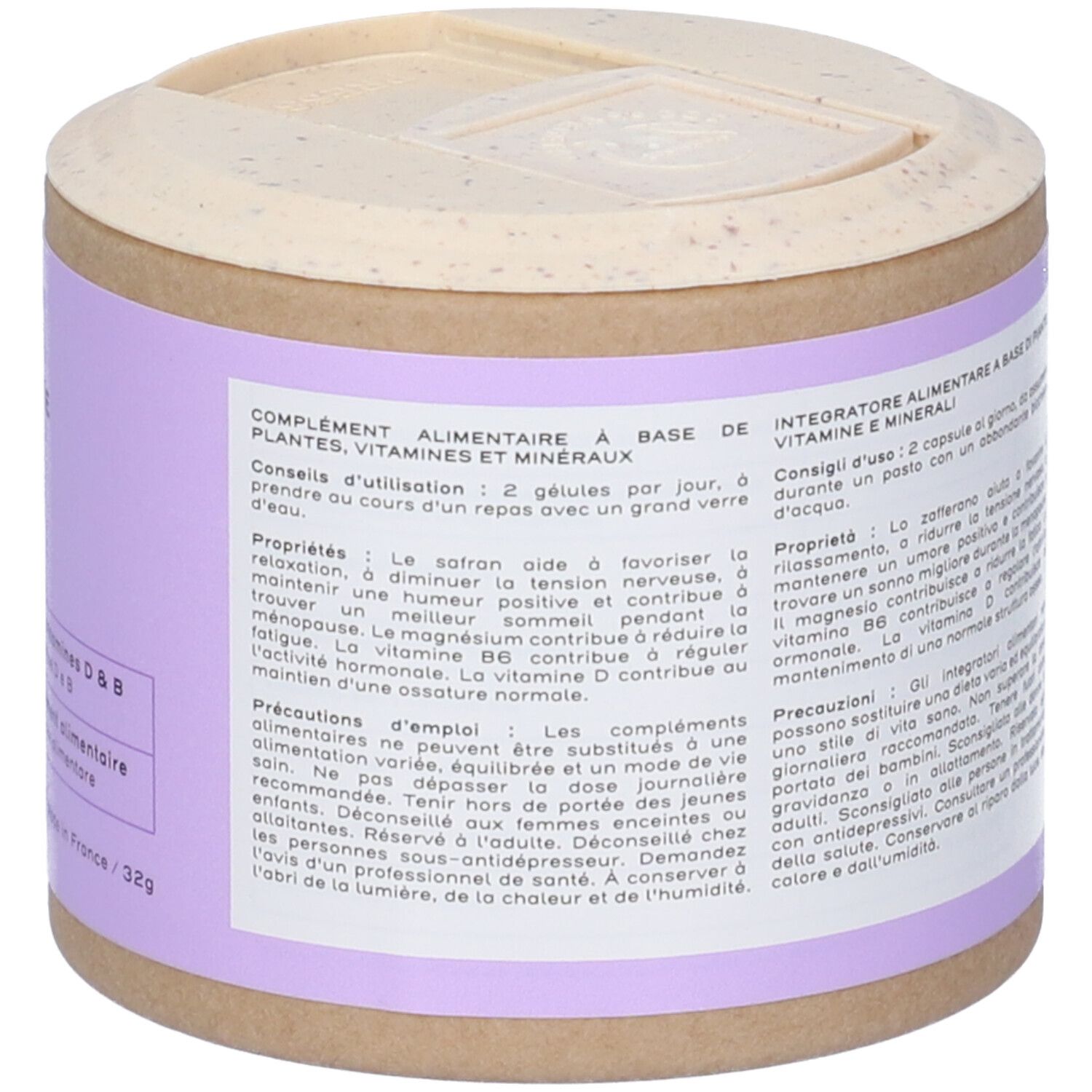 Contenitore rotondo con coperchio, etichetta viola con testo, 32g.