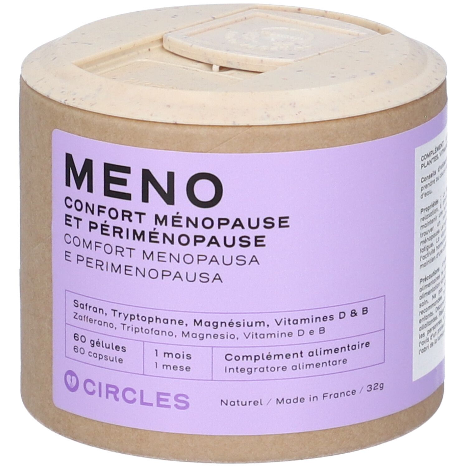 Contenitore cilindrico con scritta MENO per il comfort menopausale. Contiene 60 capsule. Prodotto in Francia.