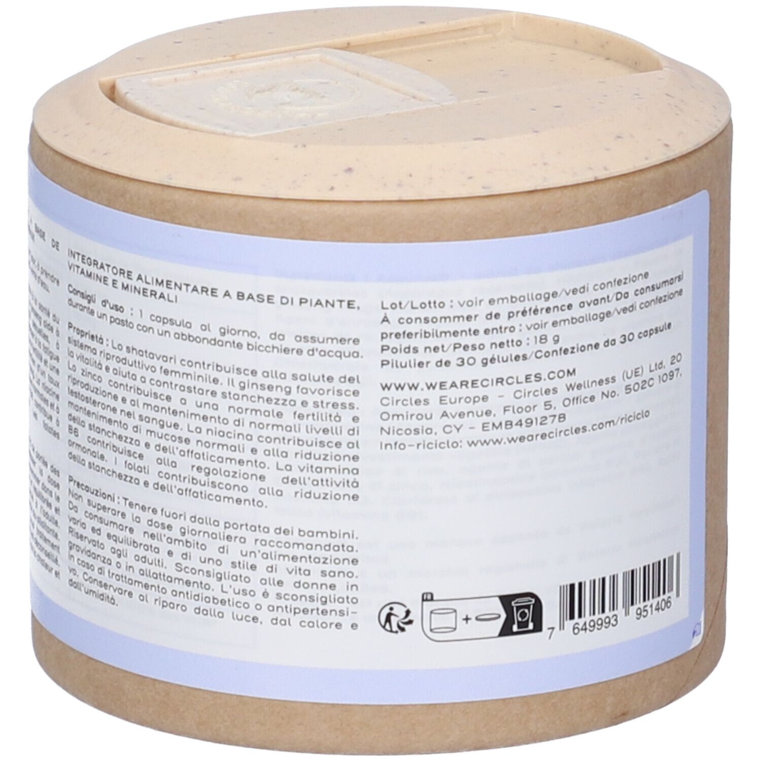 Contenitore cilindrico in cartone marrone con etichetta, contiene 30 capsule. Contiene vitamine e minerali.