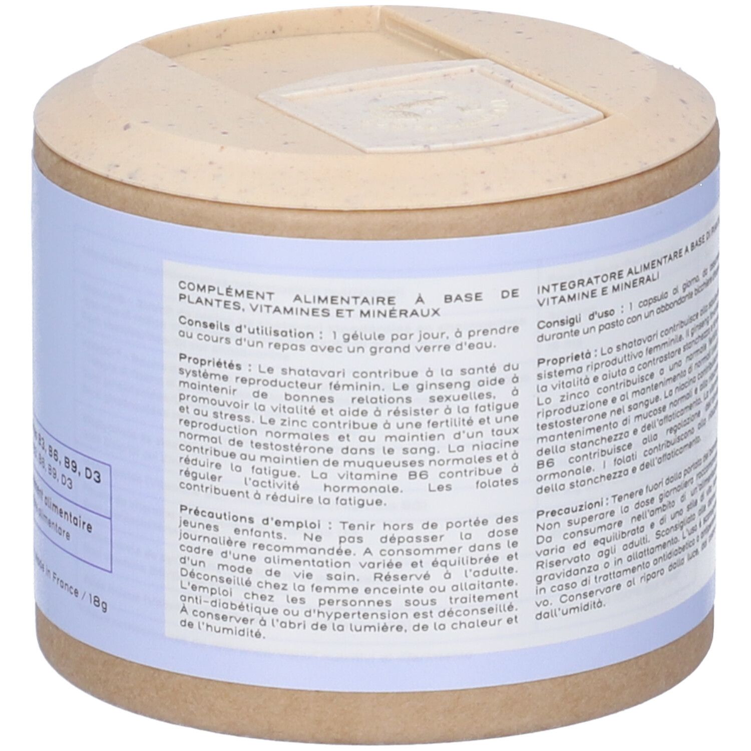 Contenitore tubolare marrone con coperchio, etichetta con informazioni sul prodotto e ingredienti.