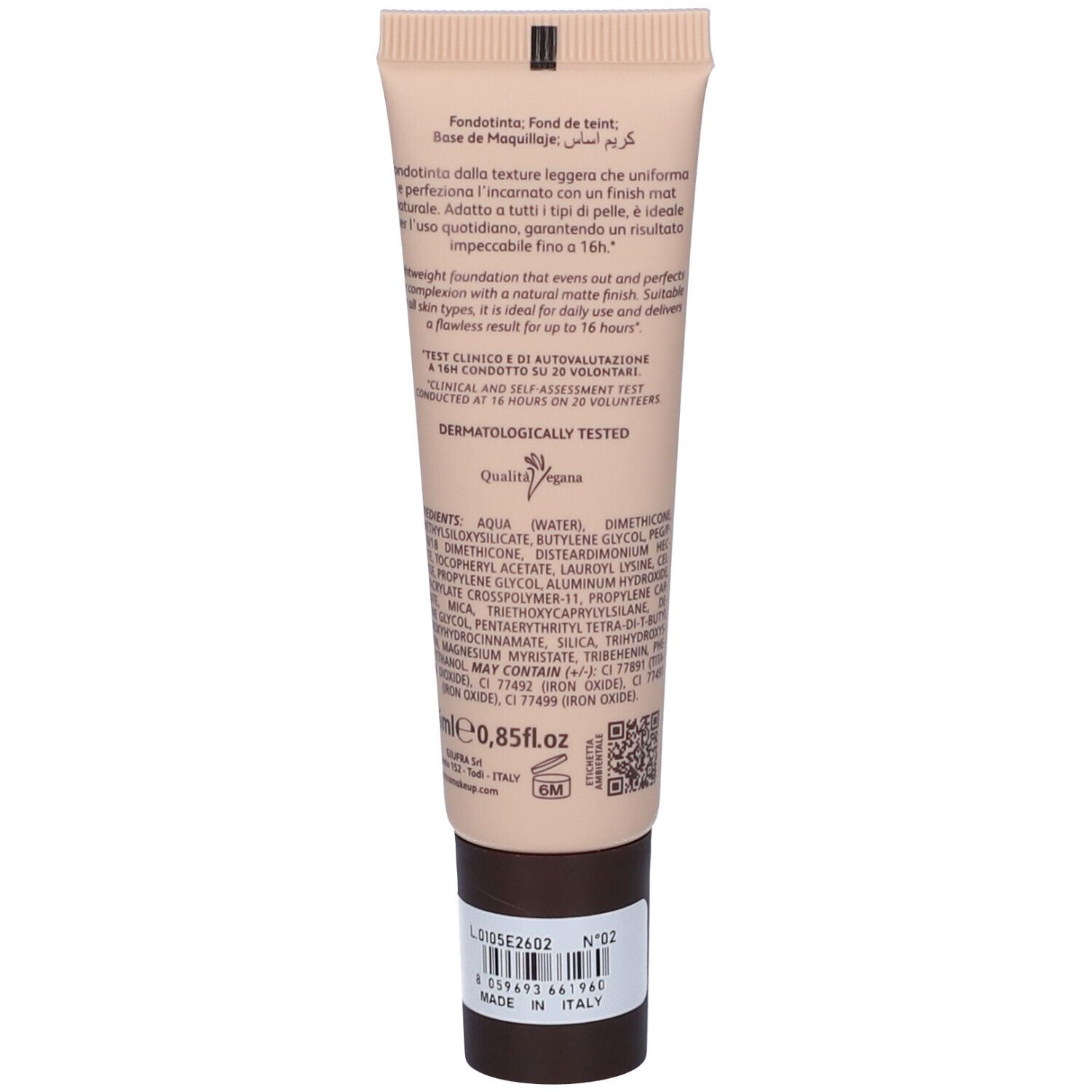 Tubo di fondotinta, 0,85 fl oz. Testato dermatologicamente. Prodotto in Italia.