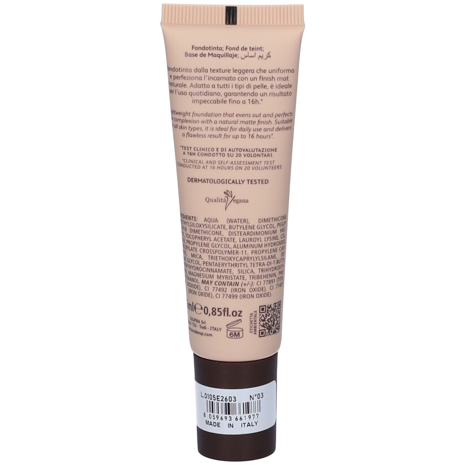 Tubo di fondotinta, 0,85 fl oz. Testato dermatologicamente. Prodotto in Italia.
