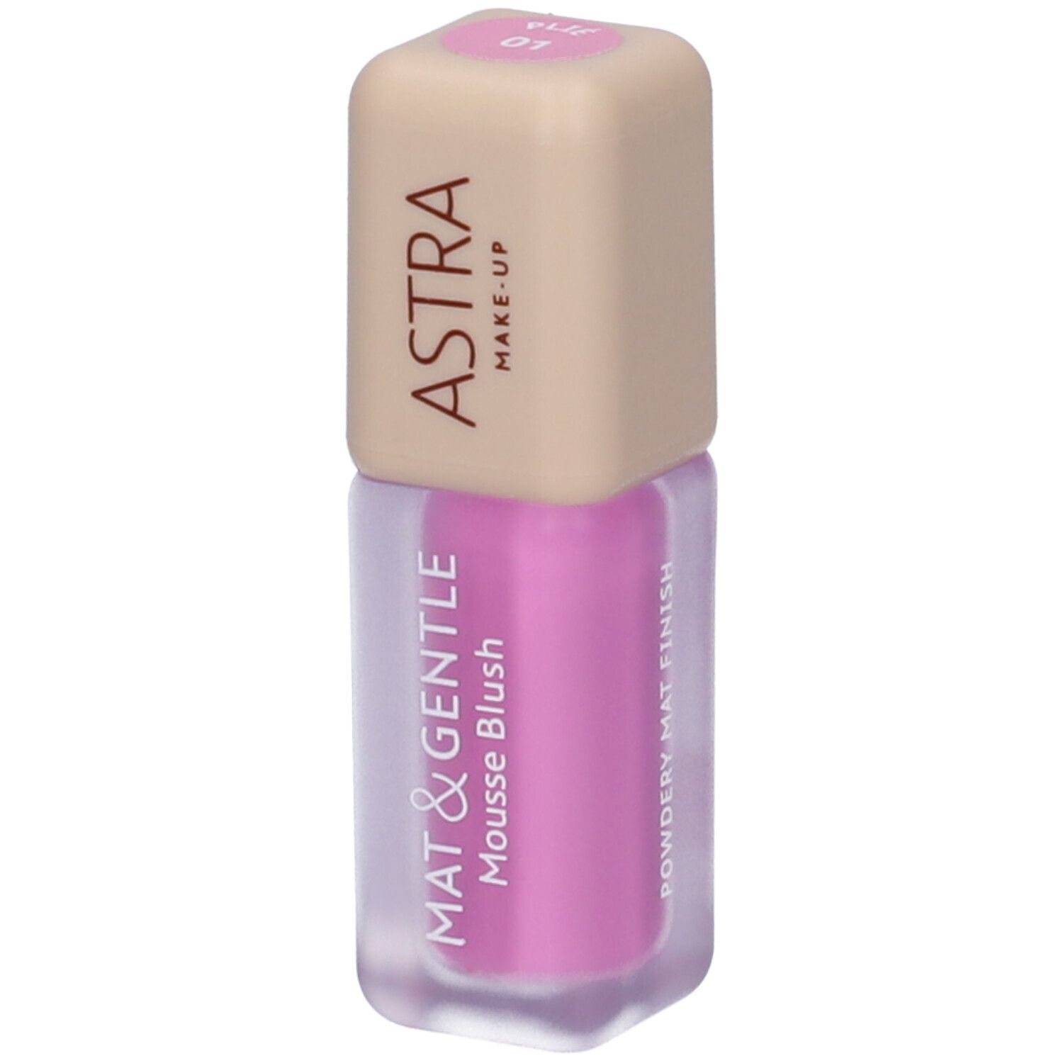 Astra Make-Up Mat & Gentle Mousse Blush in un flacone trasparente con tappo beige. Colore: Rosa.